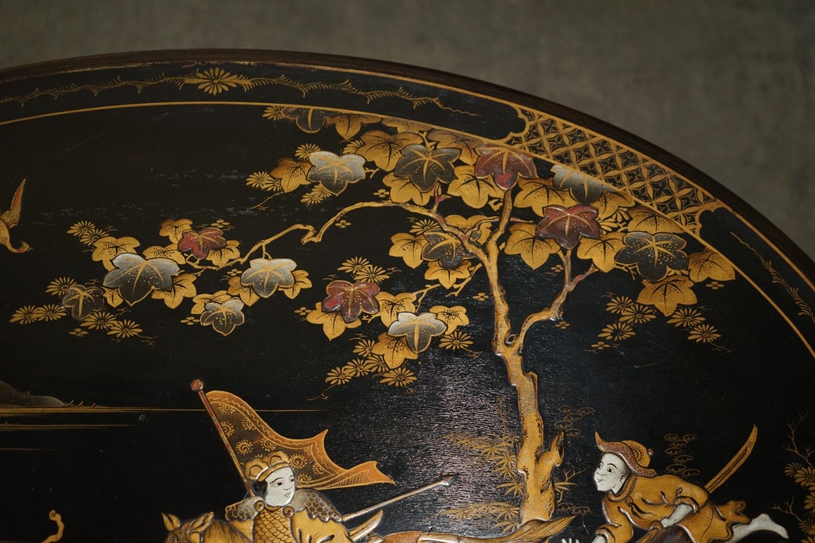 photo for sale Large Oval Antique Circa 1920 Chinese Chinoiserie Export Lacquered Coffee Table