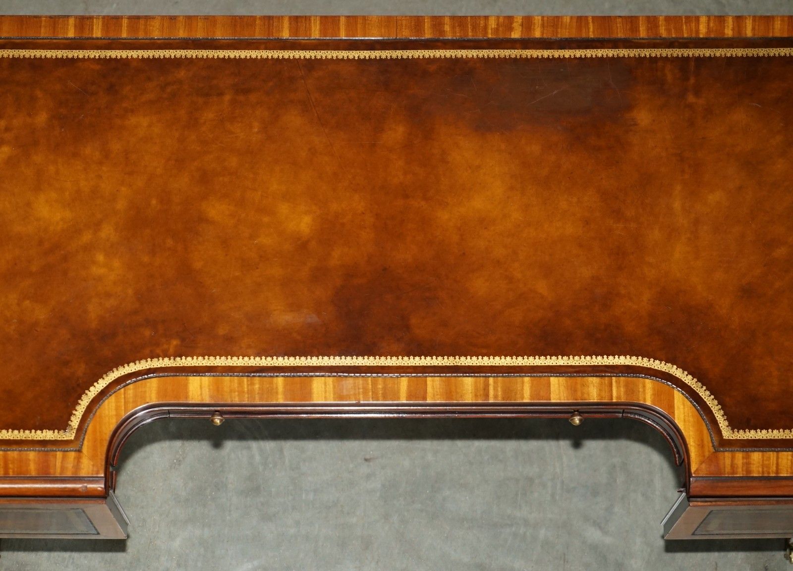 photo for sale Stunning Heirloom Weiman Brown Leather Flamed Mahogany Extending Coffee Table