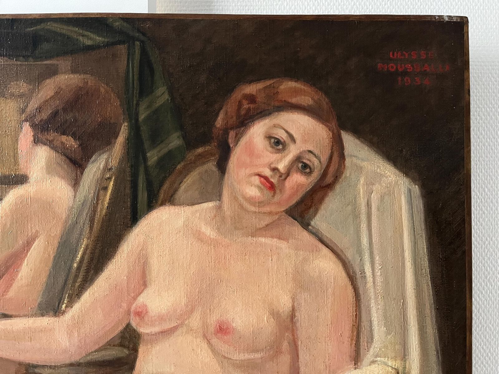 French Antique Woman Portrait Oil On Canvas, Art Deco Large Nude Painting, Interior Scene By Ulysse Moussalli photo Art