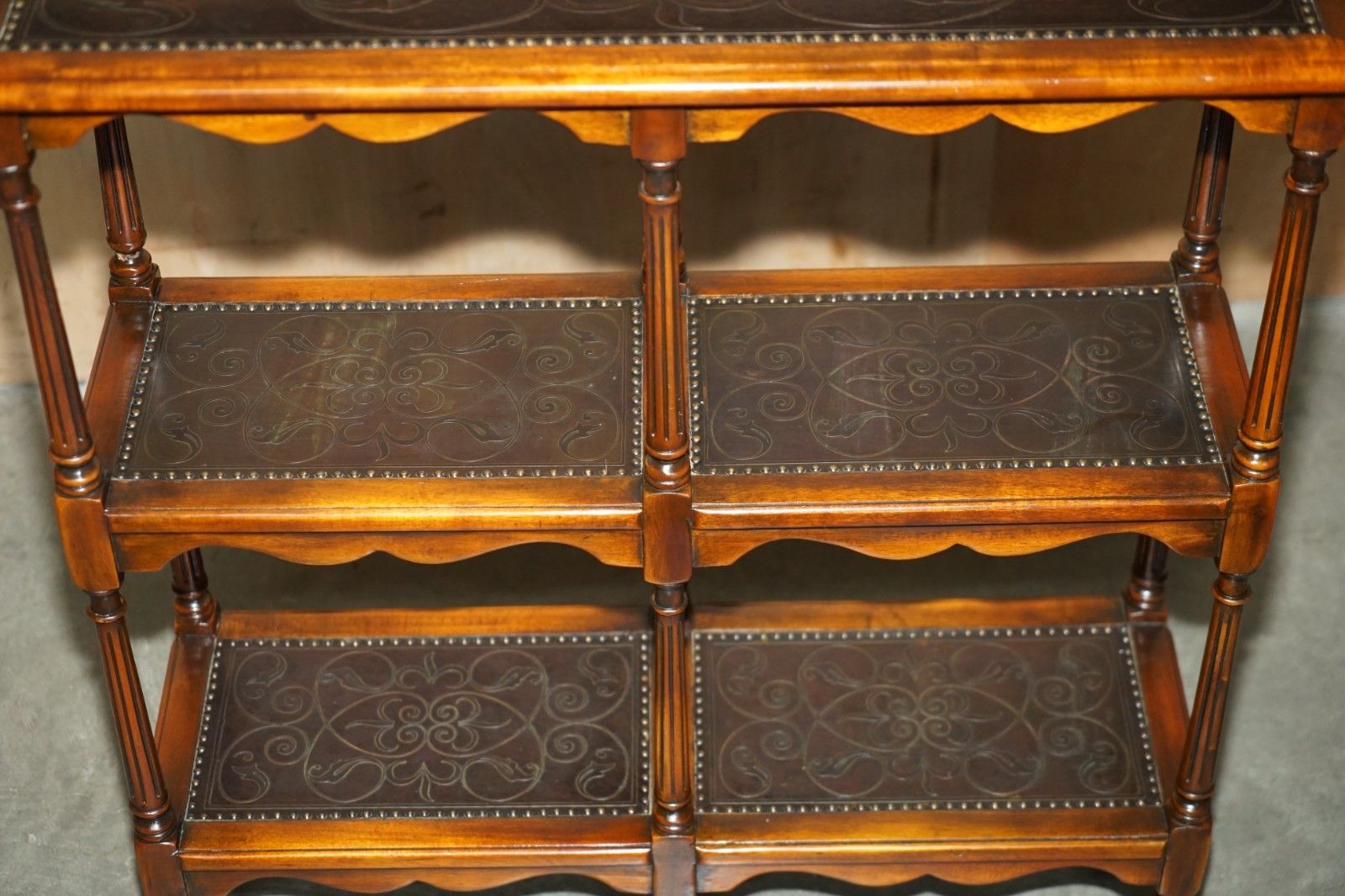 photo furniture Stunning Solid Wood & Leather Embossed Theodore Alexander Etagere Open Bookcase
