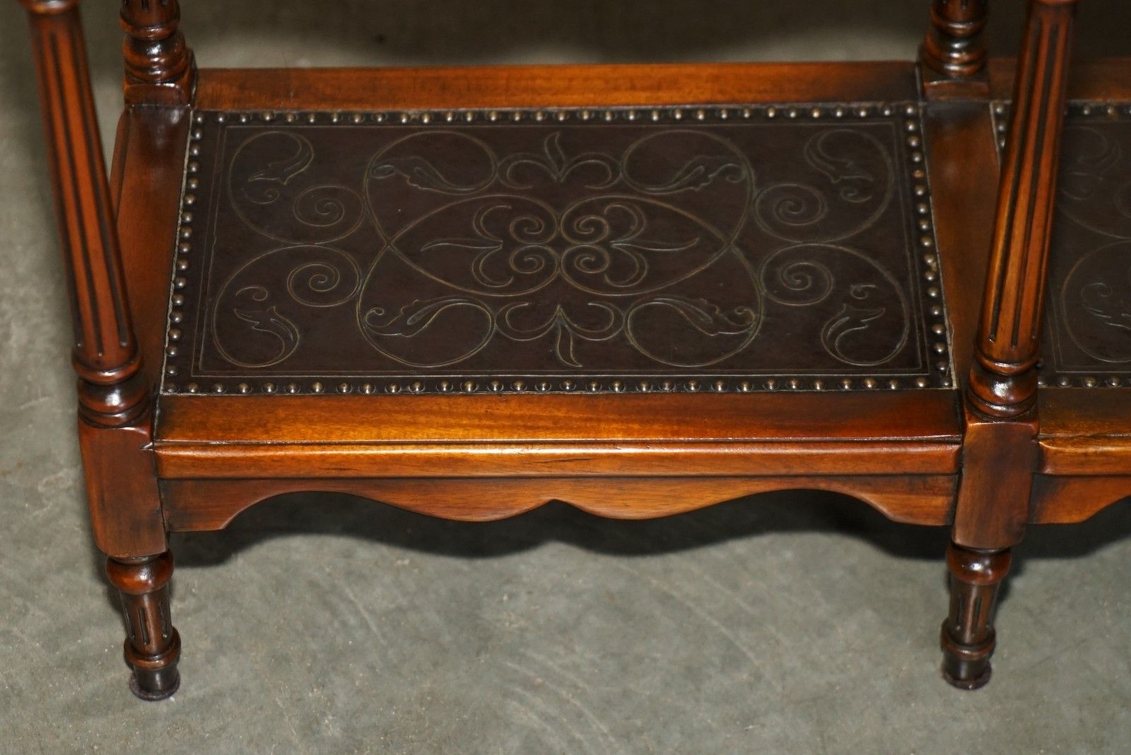 photo vinterior Stunning Solid Wood & Leather Embossed Theodore Alexander Etagere Open Bookcase