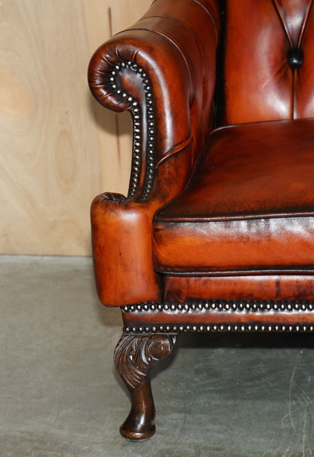 photo buy Fine 1960's Bordeaux Leather Restored Chesterfield Club Three Seat Sofa Settee
