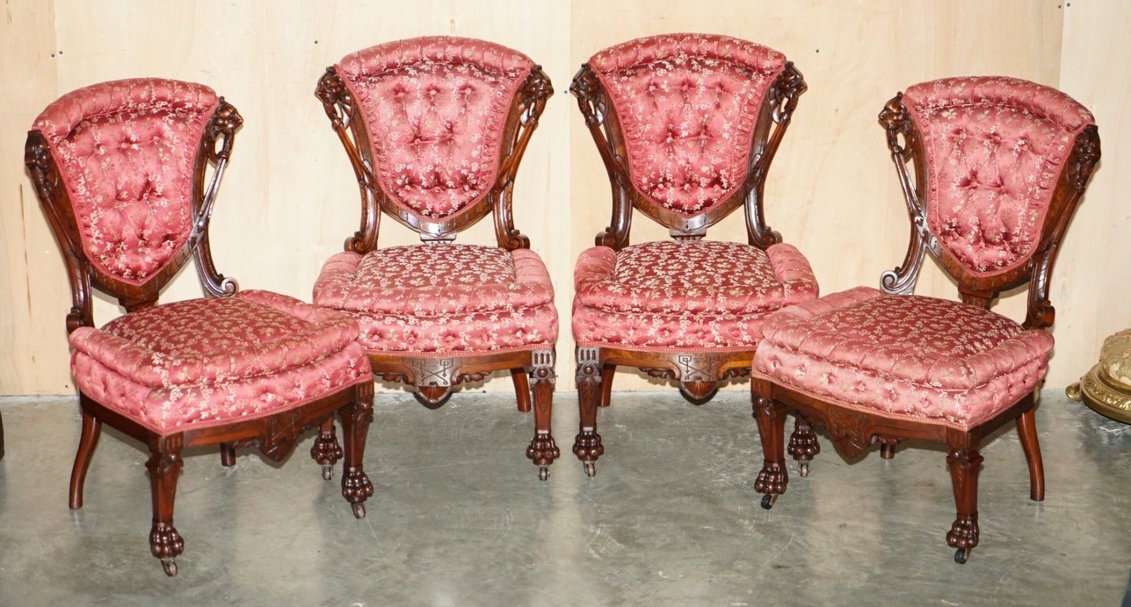 Four Antique Victorian Flamed Mahogany Lion Carved Dining Chairs Part Of A Suite photo furniture