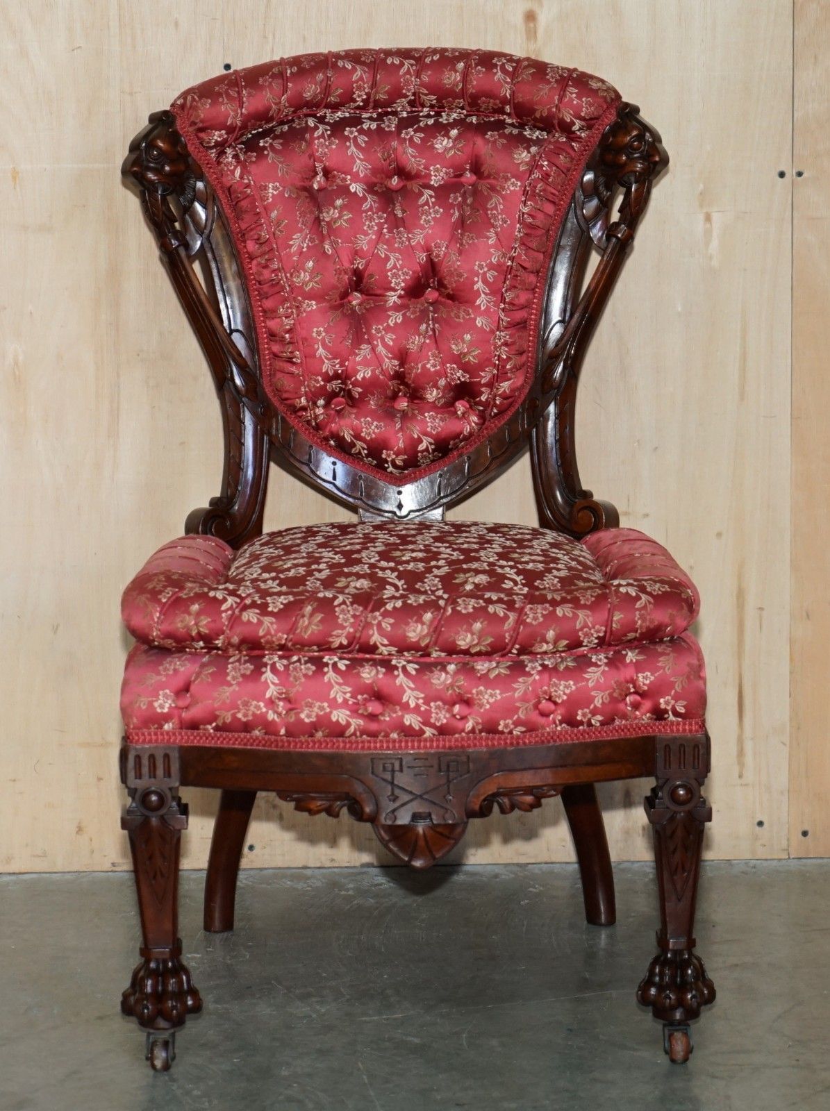 Four Antique Victorian Flamed Mahogany Lion Carved Dining Chairs Part Of A Suite photo Furniture