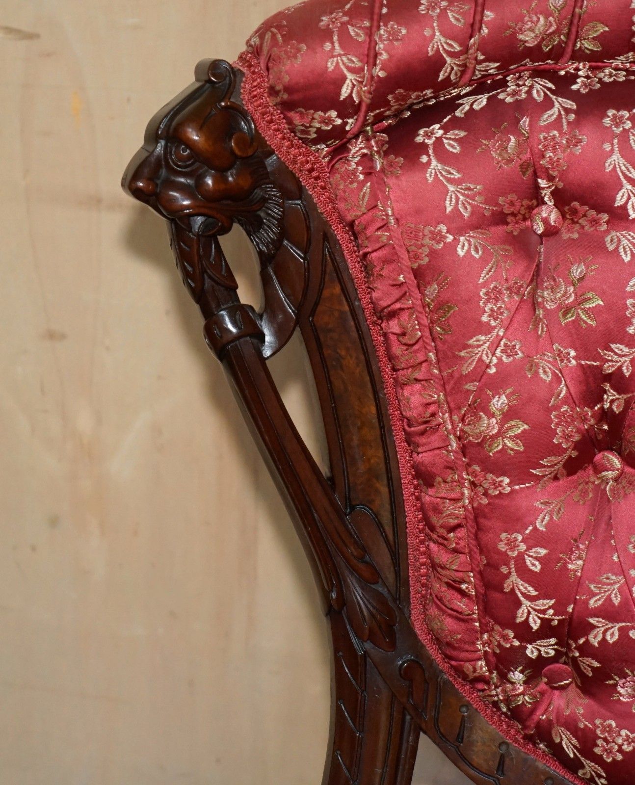 Four Antique Victorian Flamed Mahogany Lion Carved Dining Chairs Part Of A Suite photo vinterior