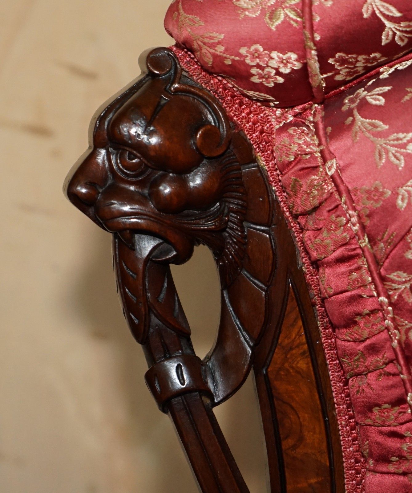Antique Victorian Flamed Mahogany Lion Carved Pair Of Armchairs Part Of A Suite photo buy