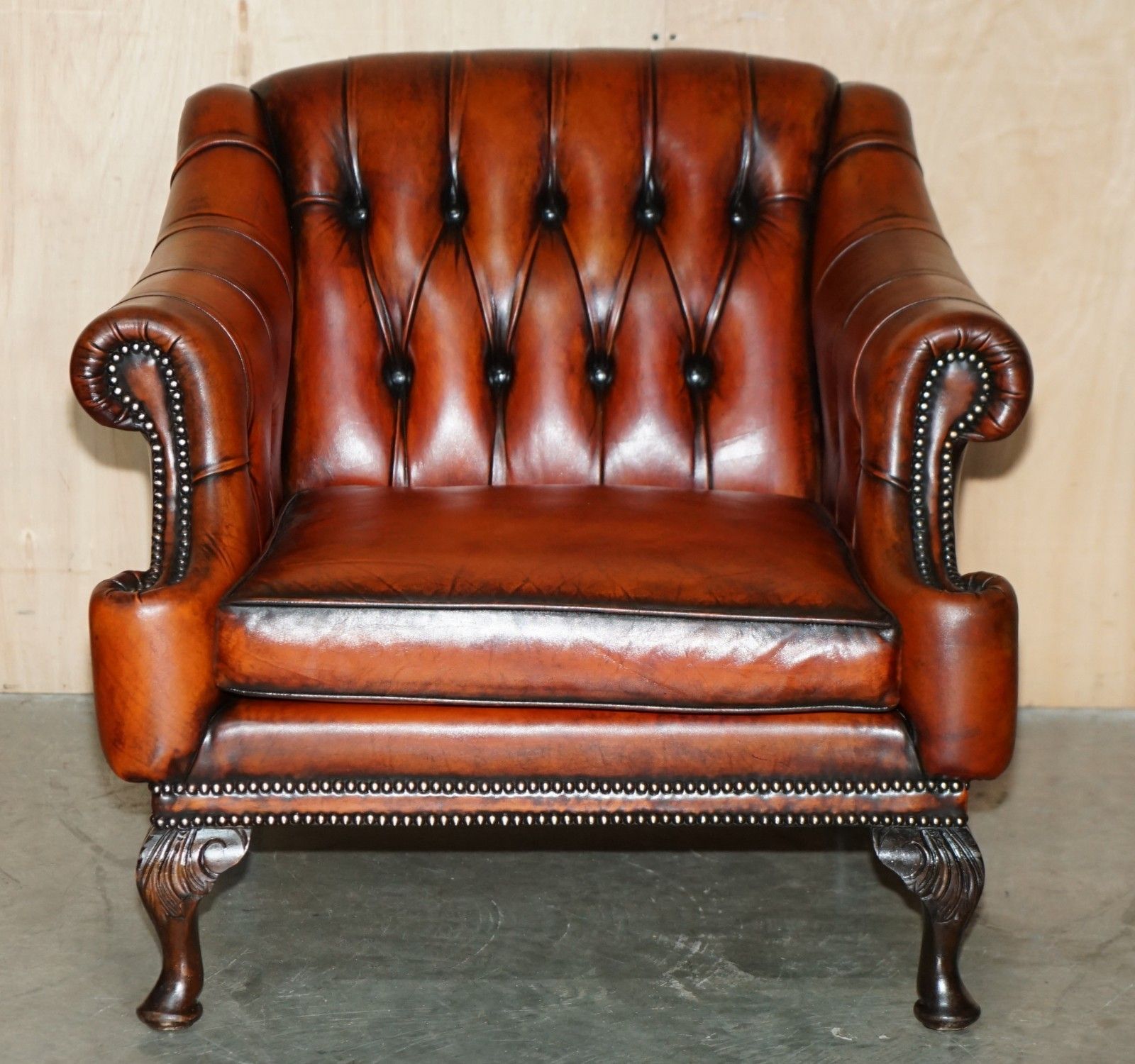 Stunning 1960's Bordeaux Leather Restored Chesterfield Club Armchair & Footstool photo for sale