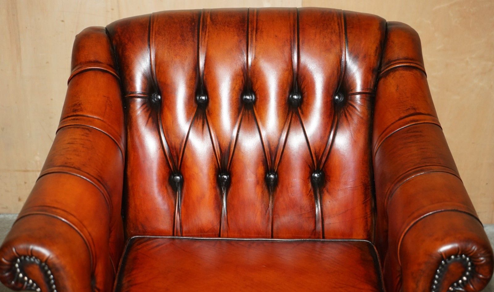 Stunning 1960's Bordeaux Leather Restored Chesterfield Club Armchair & Footstool photo Furniture