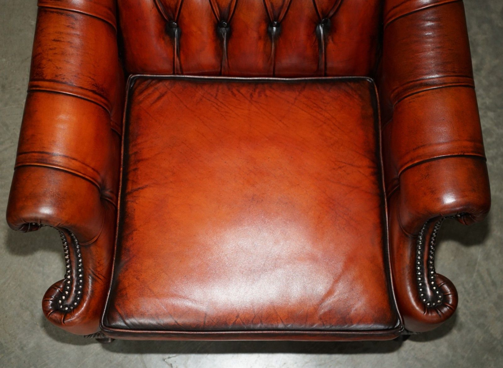 Stunning 1960's Bordeaux Leather Restored Chesterfield Club Armchair & Footstool photo vinterior