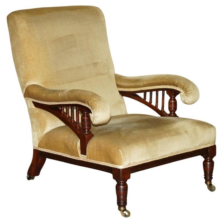 Howard & Son's Attributed Antique Victorian Open Library Armchair Stamped Legs