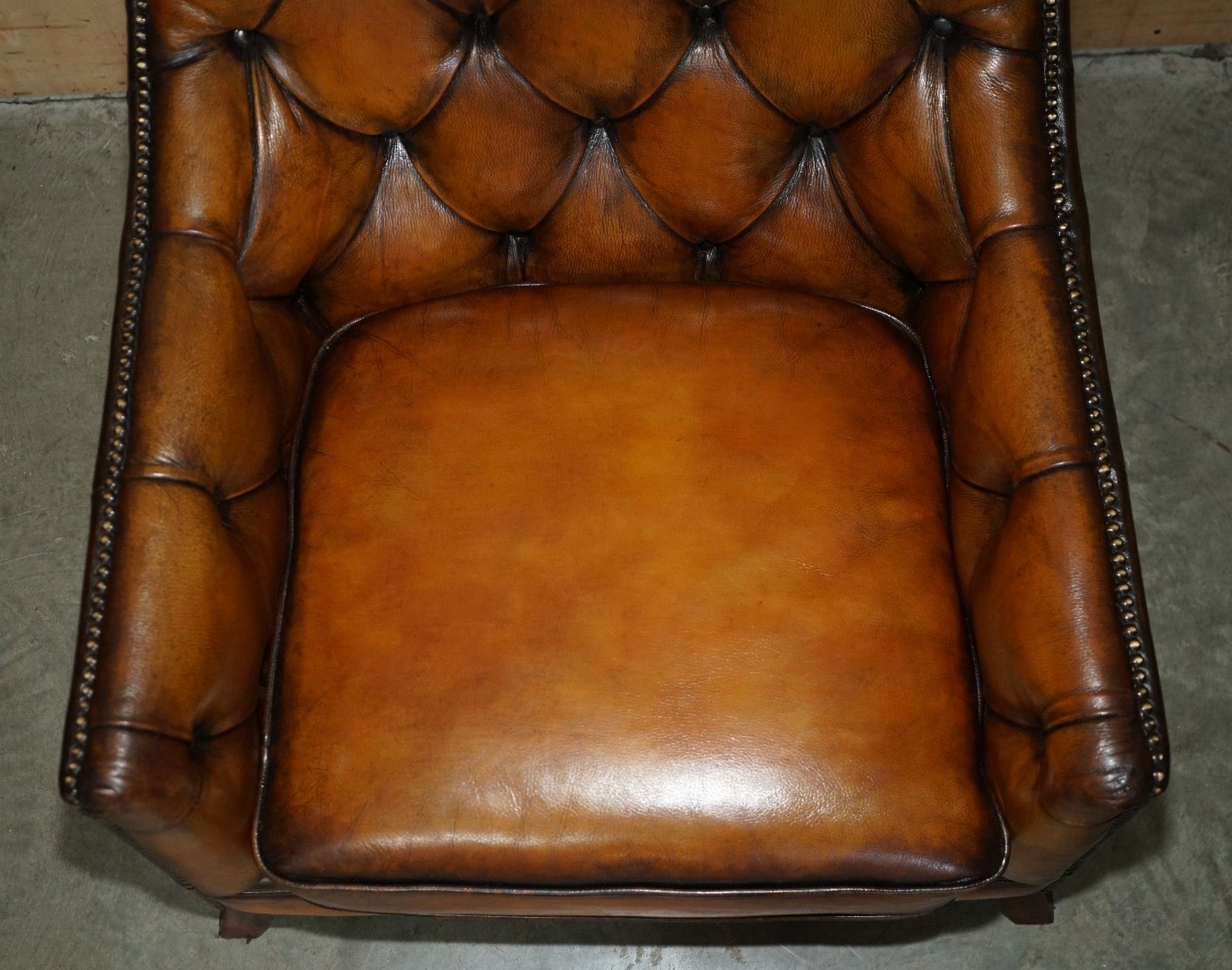 Fully Restored Cigar Brown Leather Chesterfield Tufted Library Armchair photo vinterior