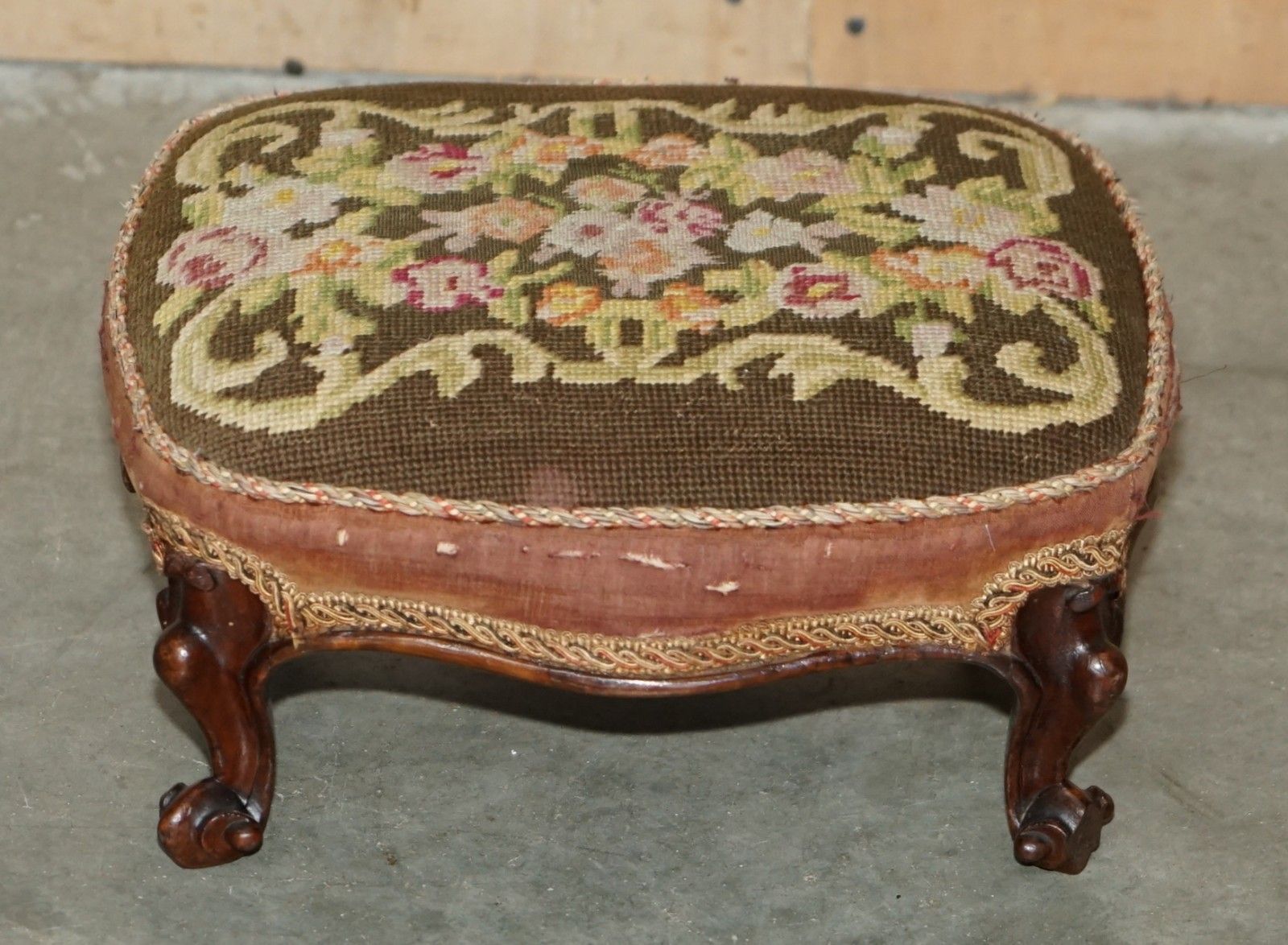 photo for sale Pair Of Antique Victorian 1860 Upholstered Small Wingback Armchair Footstools