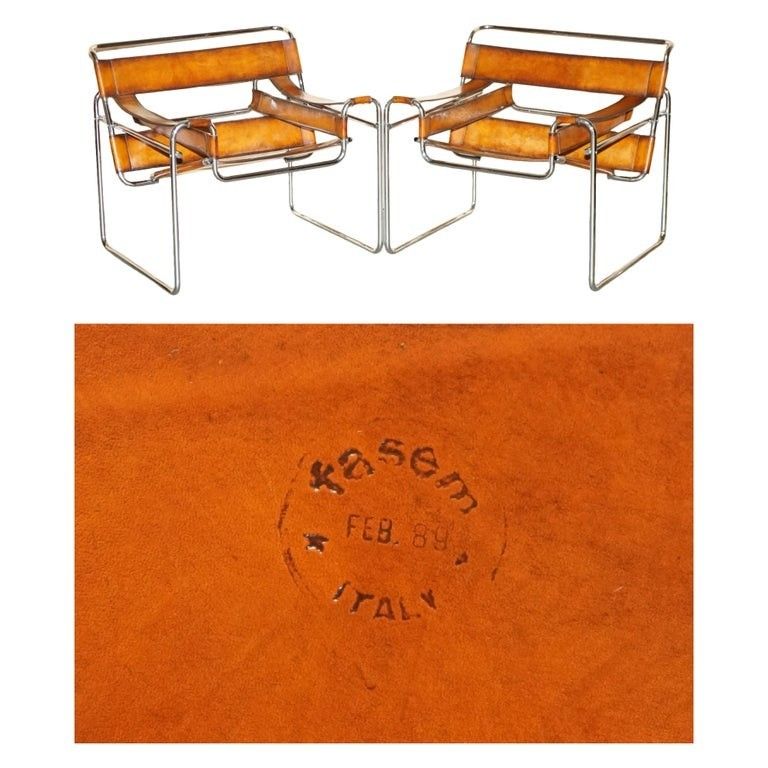 Pair Of Restored Marcel Breuer Fasem 1980's Wassily B3 Brown Leather Armchairs