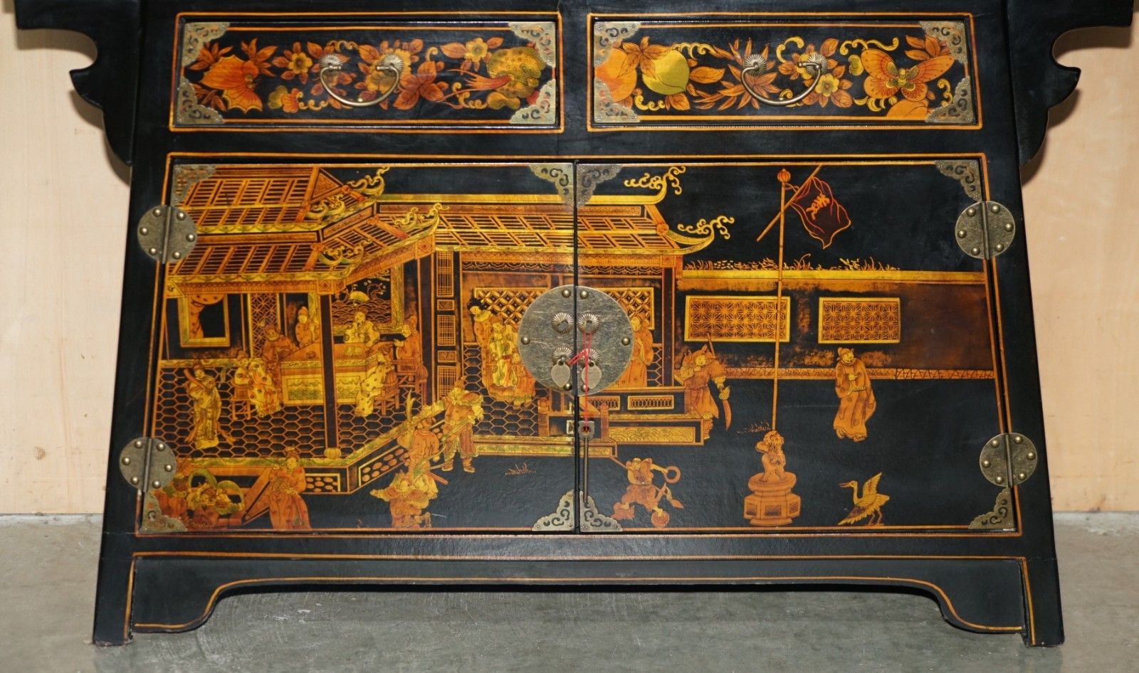 Vintage Chinese Export Mid Century Chinoiserie Temple Pagoda Style Sideboard photo Furniture