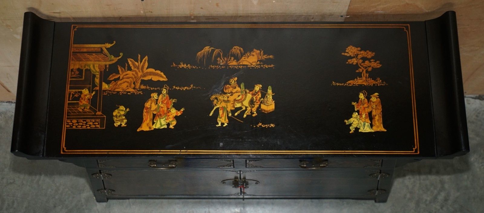 Furniture Vintage Chinese Export Mid Century Chinoiserie Temple Pagoda Style Sideboard photo
