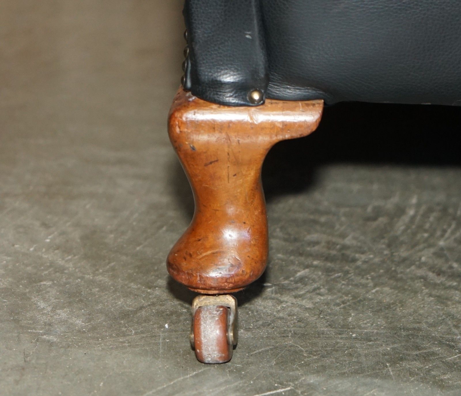 Oversized Antique Victorian Black Leather Club Armchair Stamped Inside Back Leg photo vintage