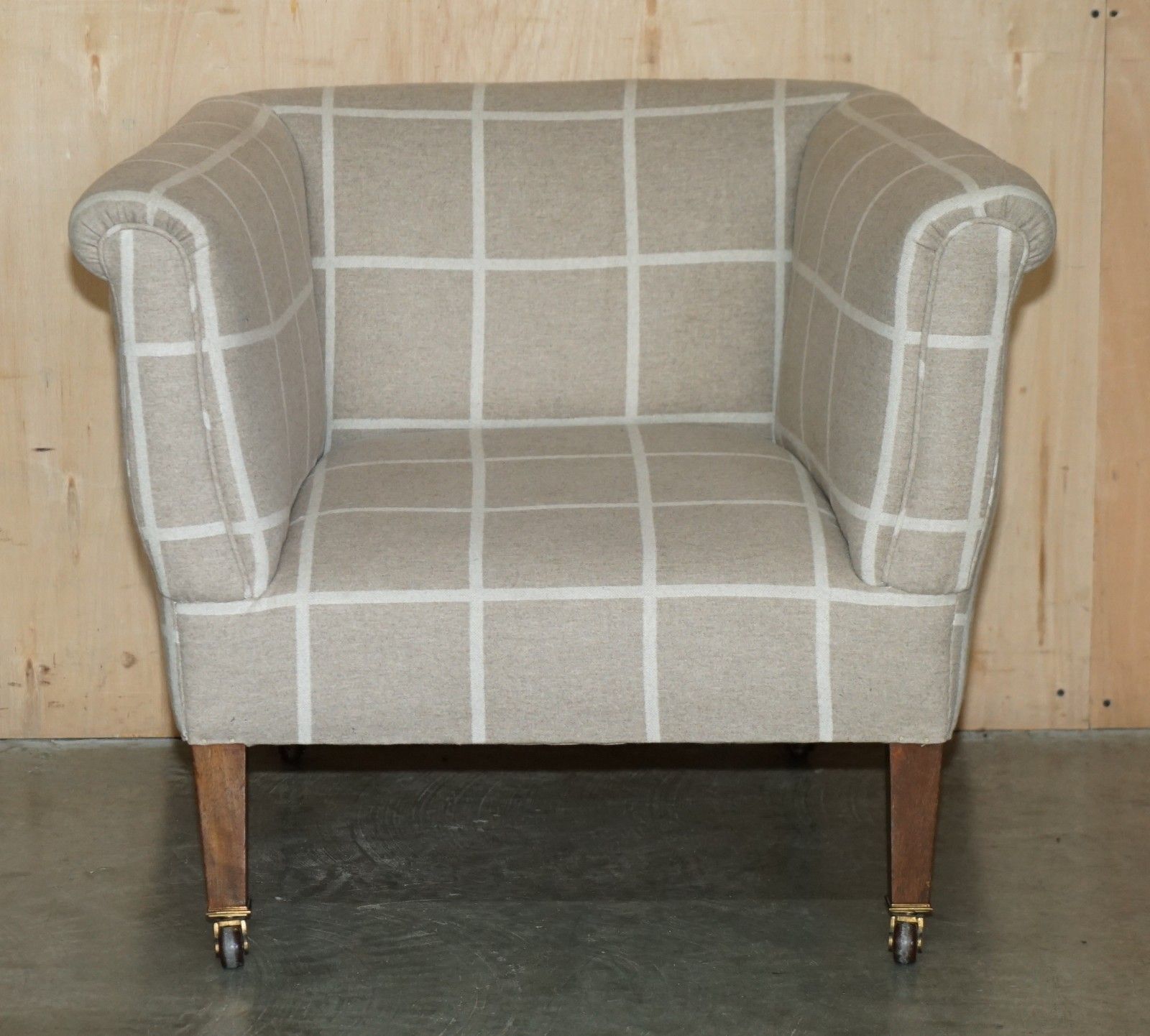 Antique Circa 1900 Club Armchair Porcelain Castors & Scottish Tartan Upholstery photo for sale
