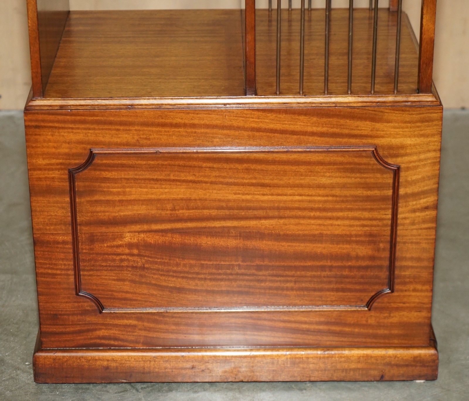 photo furniture Exquisite Pair Of Unique Flamed Mahogany & Brown Leather Sliding Book Tables