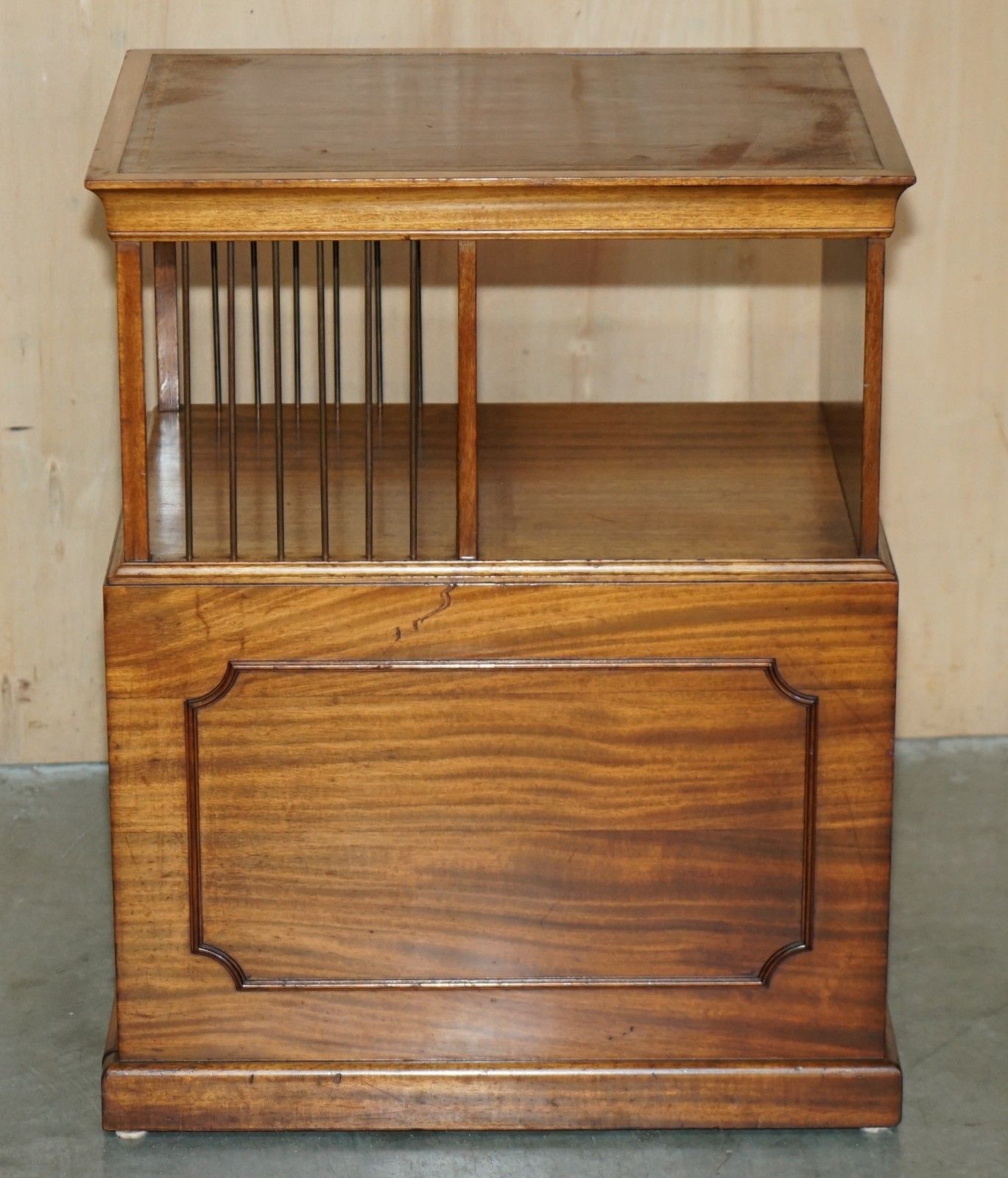 2350.0 Exquisite Pair Of Unique Flamed Mahogany & Brown Leather Sliding Book Tables photo