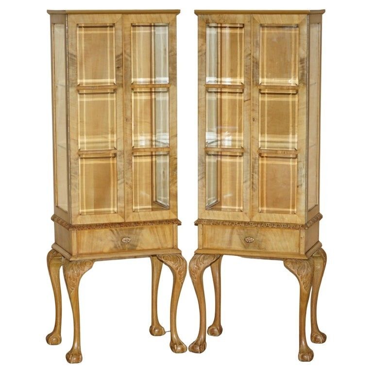 Pair Of Art Deco Circa 1920's Burr Light Walnut Claw & Ball Display Cabinets