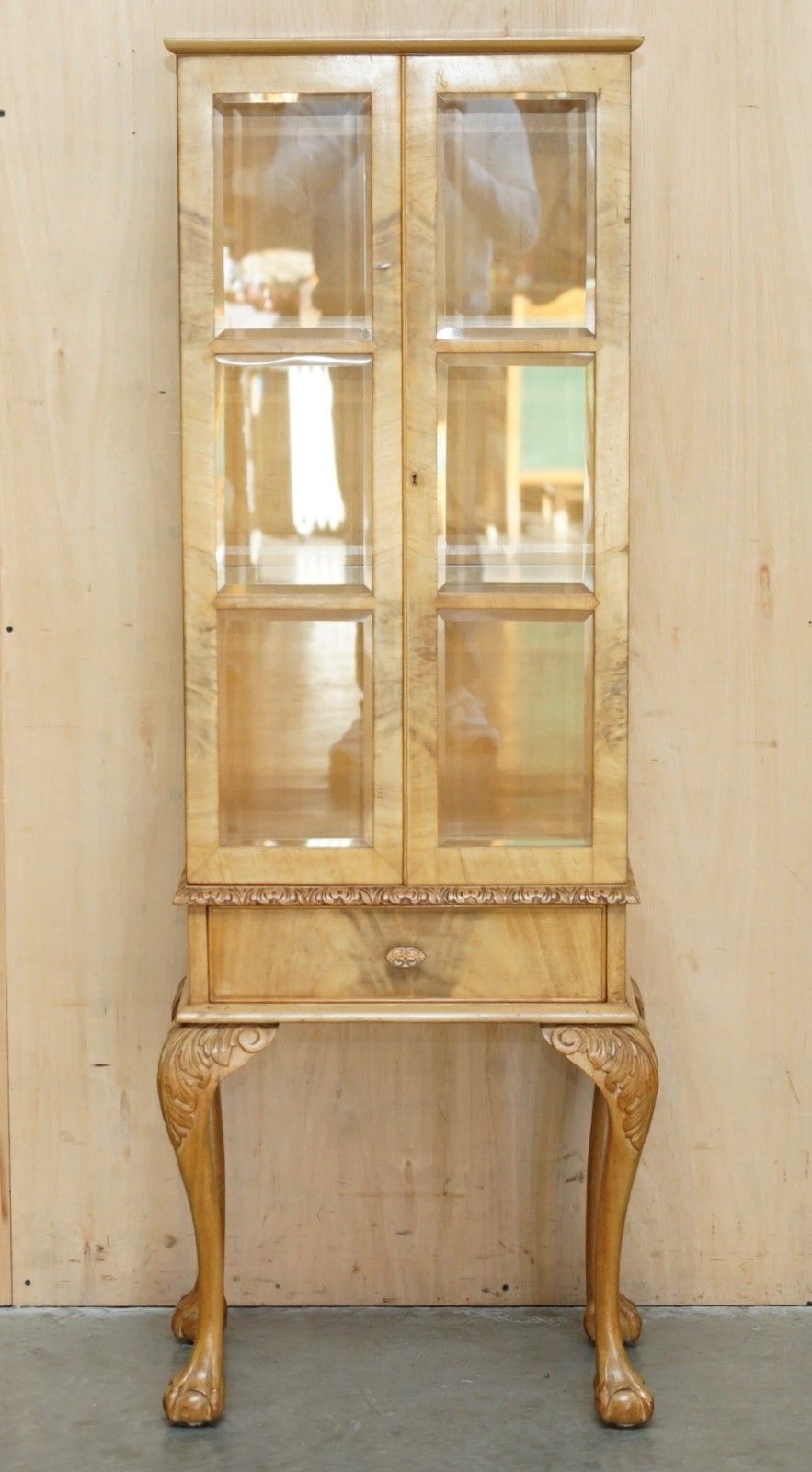 Pair Of Art Deco Circa 1920's Burr Light Walnut Claw & Ball Display Cabinets photo for sale