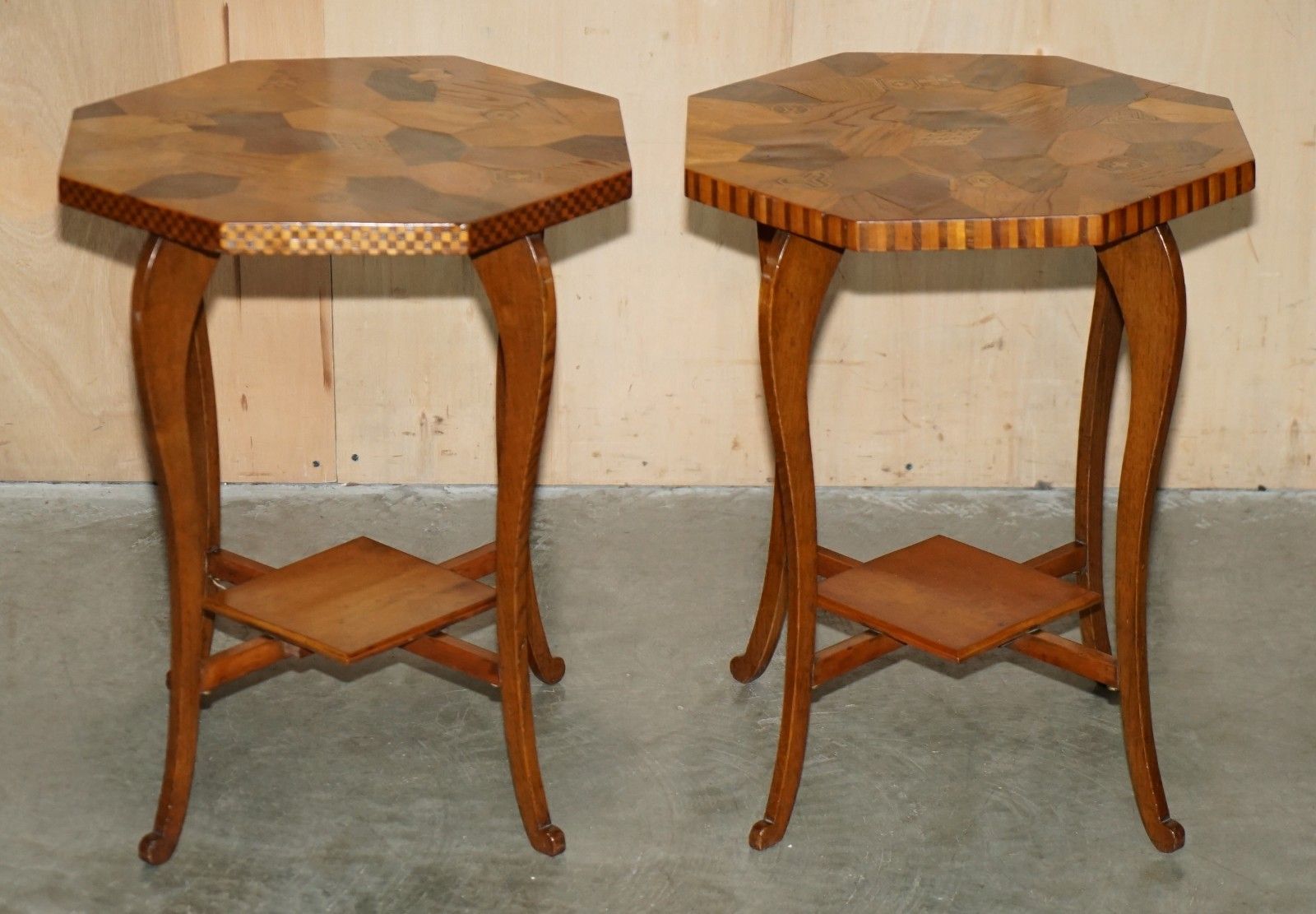 Pair Of Antique Victorian Parquetry Specimen Sample Wood Inlaid Side End Tables photo furniture