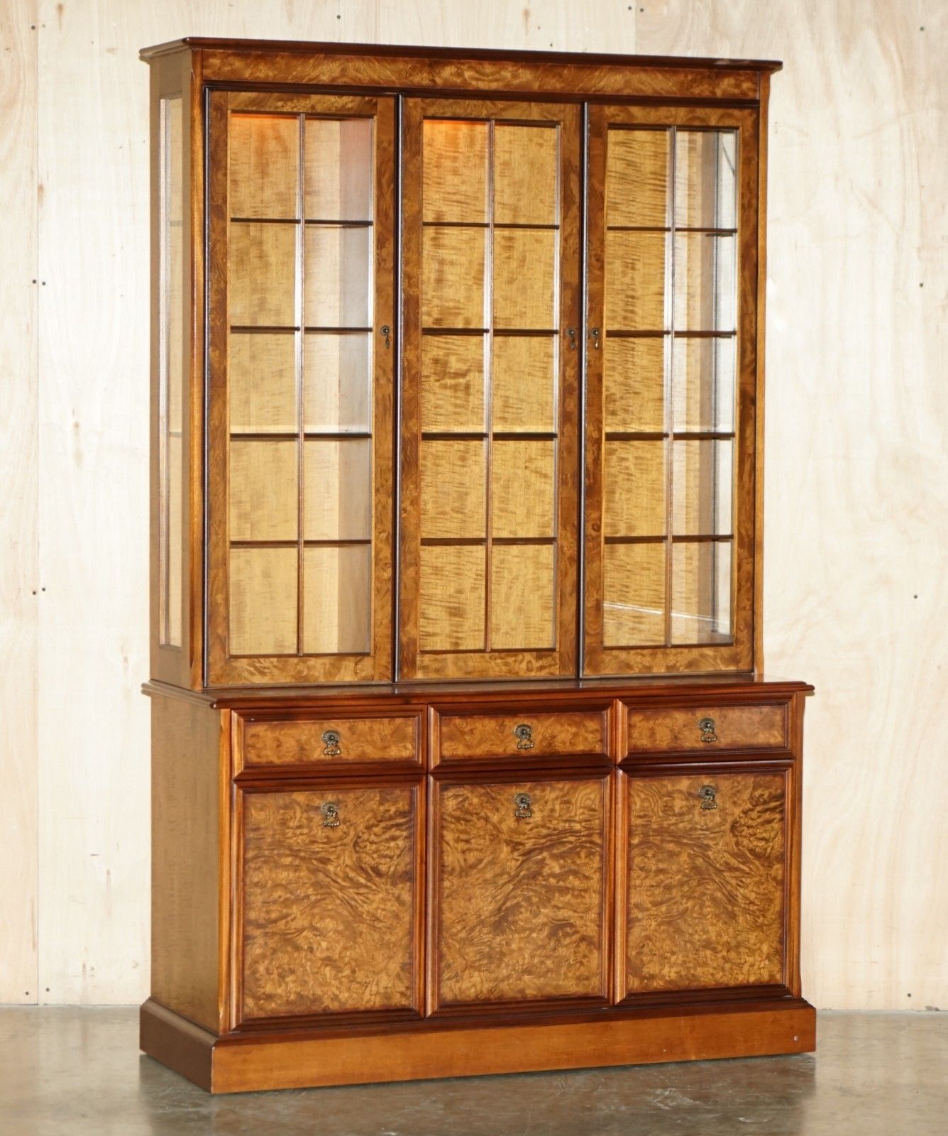 Lovely Vintage Burr Walnut Glazed Door Welsh Dresser Display Cabinet With Lights photo furniture