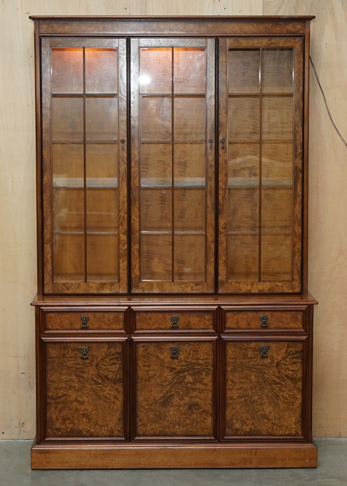 Lovely Vintage Burr Walnut Glazed Door Welsh Dresser Display Cabinet With Lights photo for sale