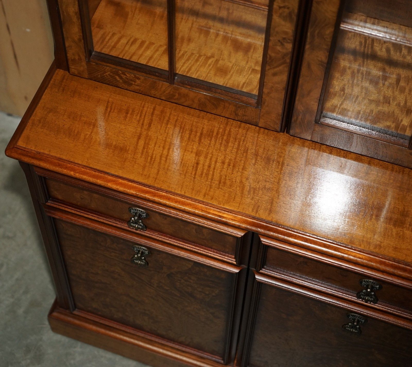photo furniture Lovely Vintage Burr Walnut Glazed Door Welsh Dresser Display Cabinet With Lights