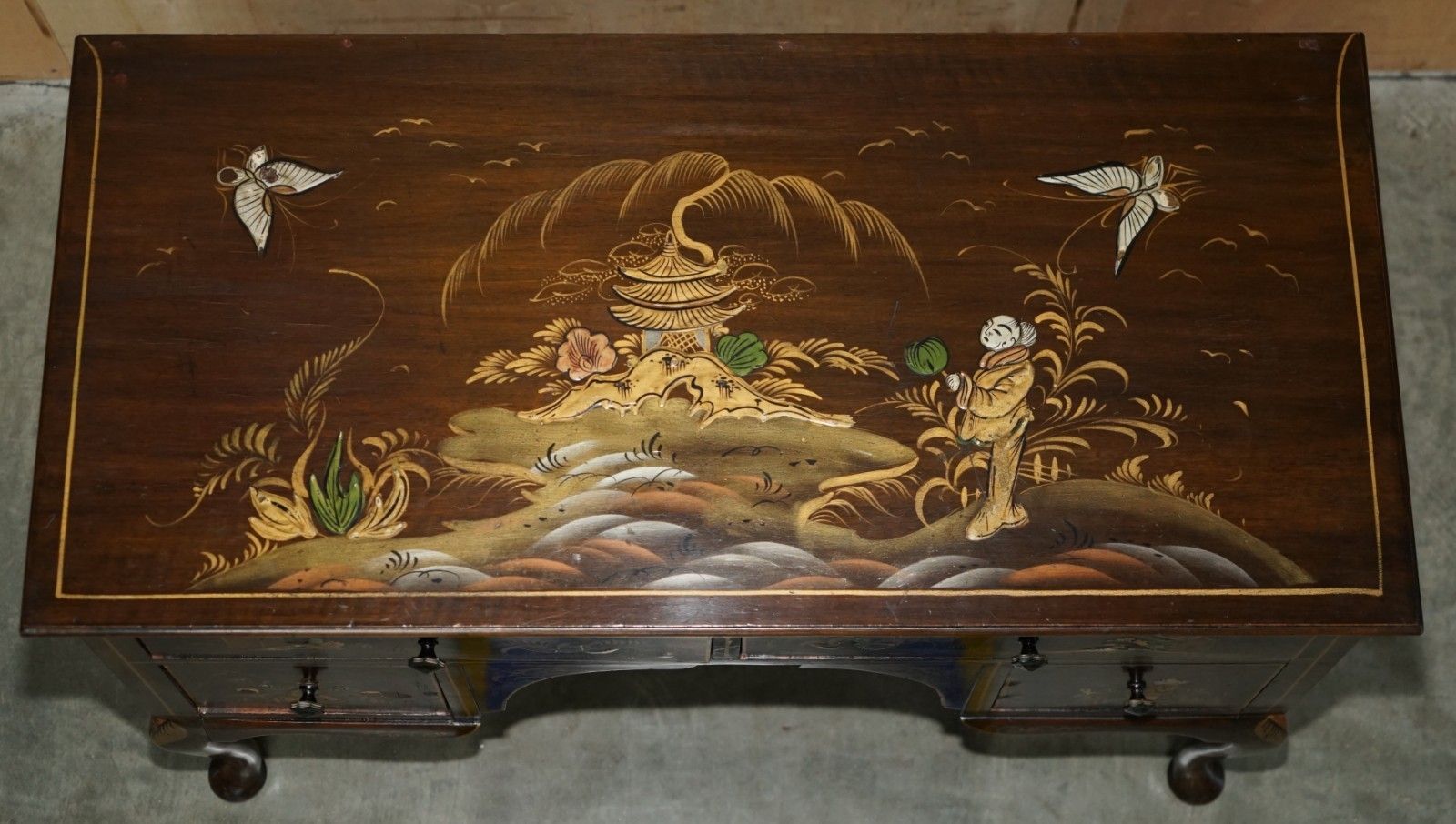 Furniture Exquisite Chinese Circa 1920 Chinoiserie Walnut Dressing Table Or Kneehole Desk photo
