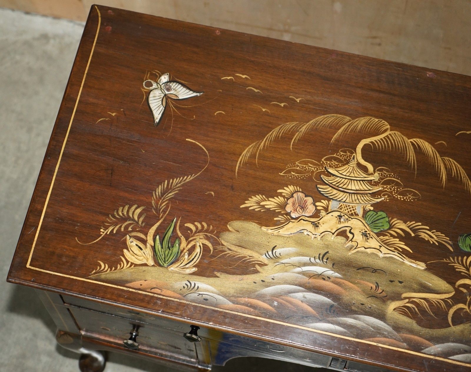 1350.0 Exquisite Chinese Circa 1920 Chinoiserie Walnut Dressing Table Or Kneehole Desk photo
