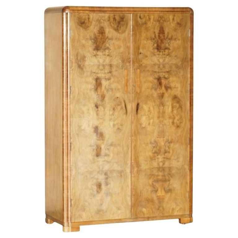 Antique Art Deco Circa 1930's Satin Burr Walnut Double Wardrobe Part Of Suite