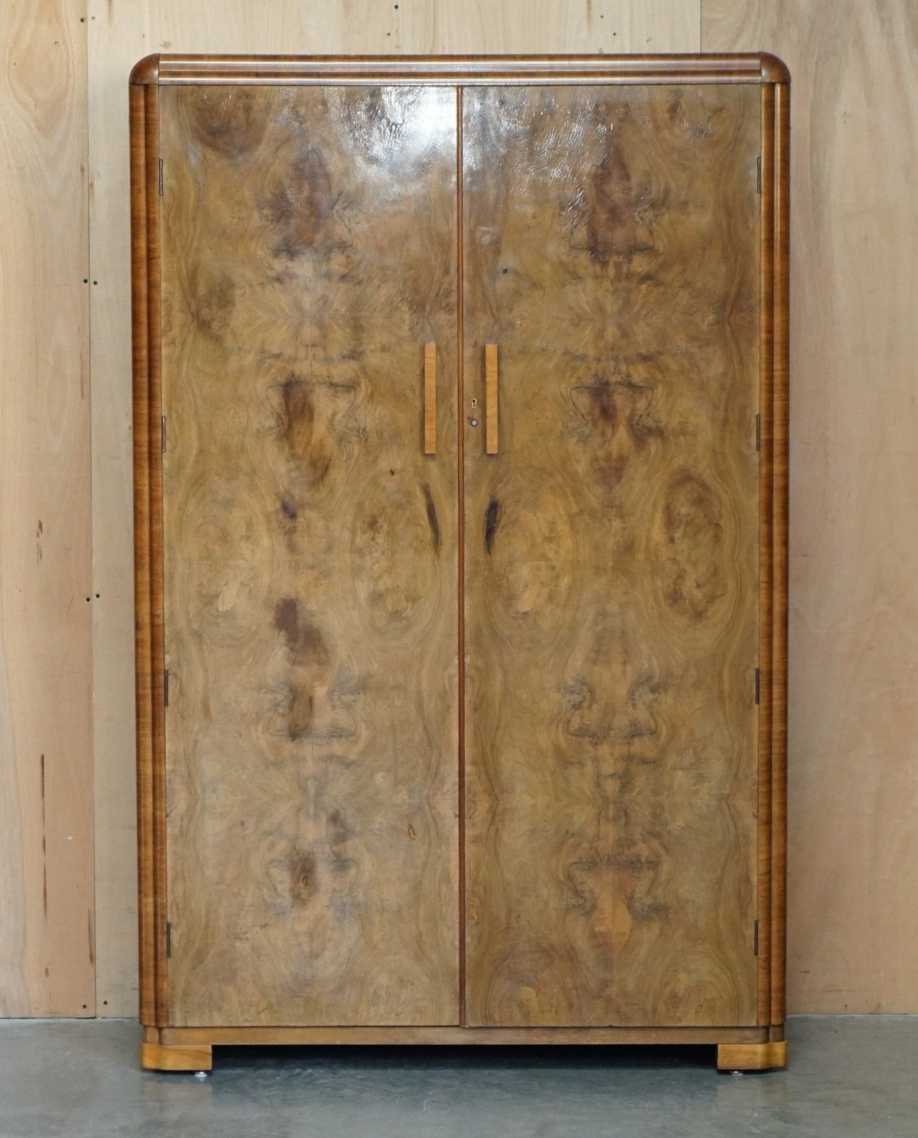Antique Art Deco Circa 1930's Satin Burr Walnut Double Wardrobe Part Of Suite photo for sale