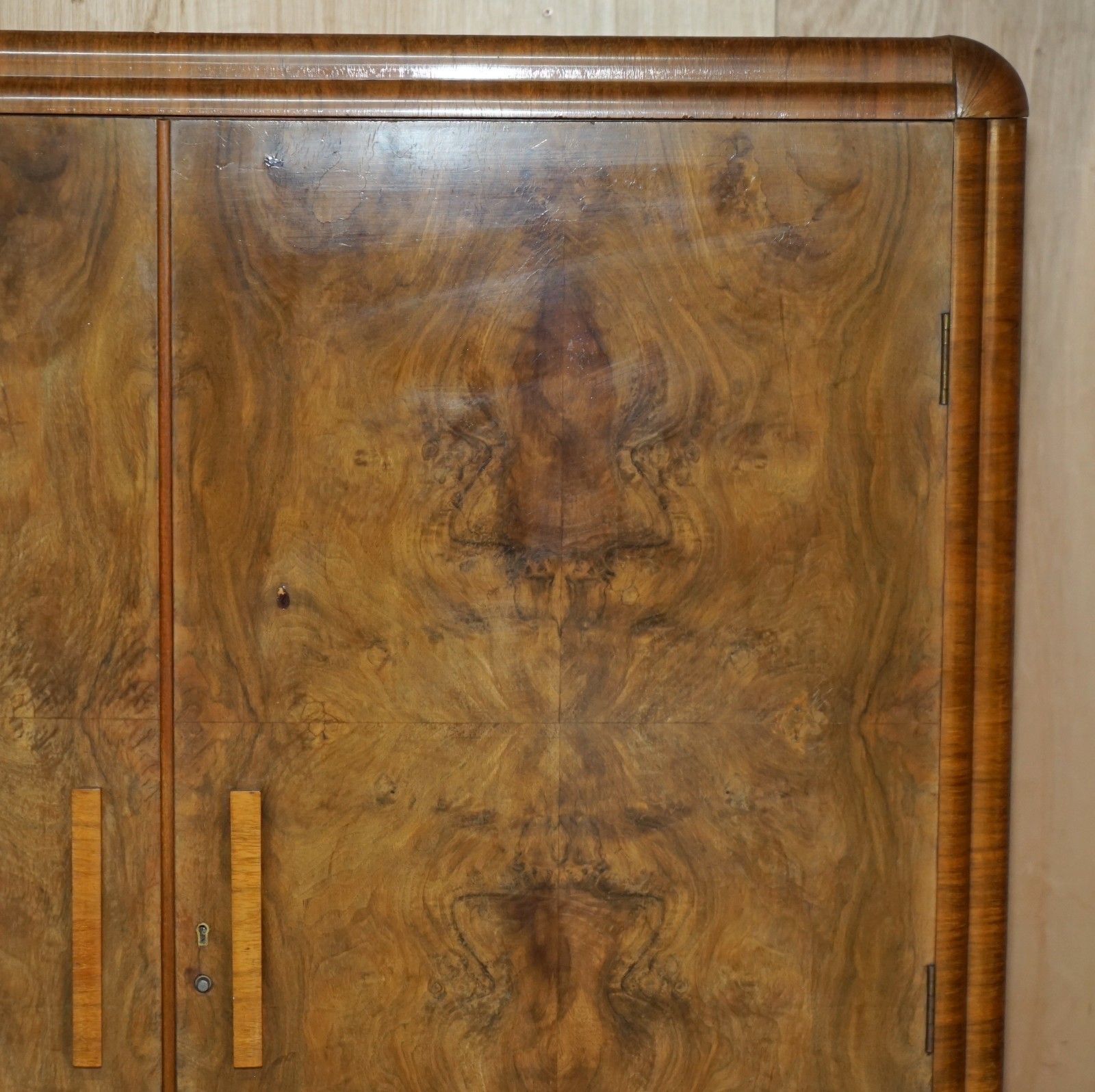 Antique Art Deco Circa 1930's Satin Burr Walnut Double Wardrobe Part Of Suite photo vintage