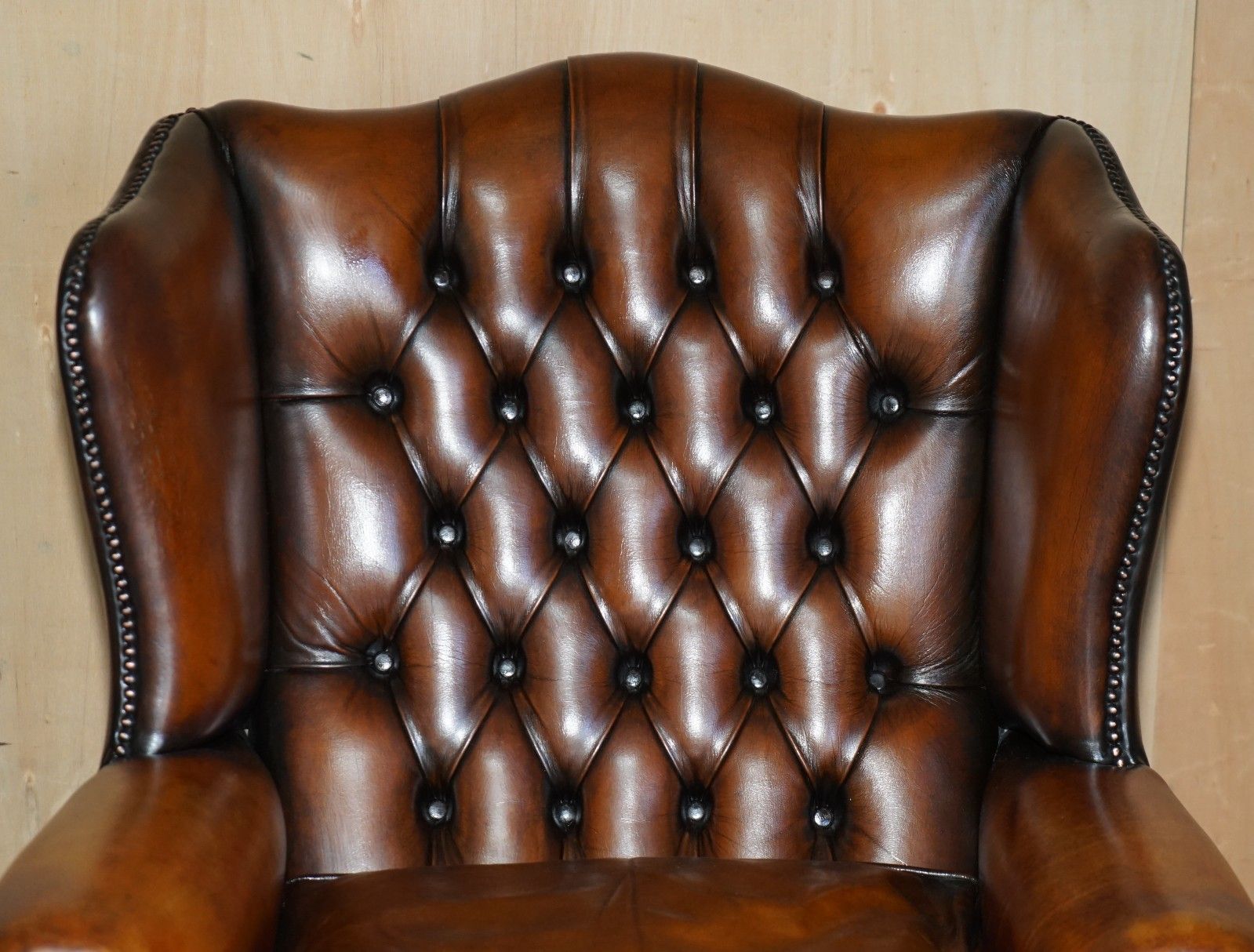 Restored Claw & Ball Feet Chesterfield Tufted Brown Leather Wingback Armchair photo Furniture