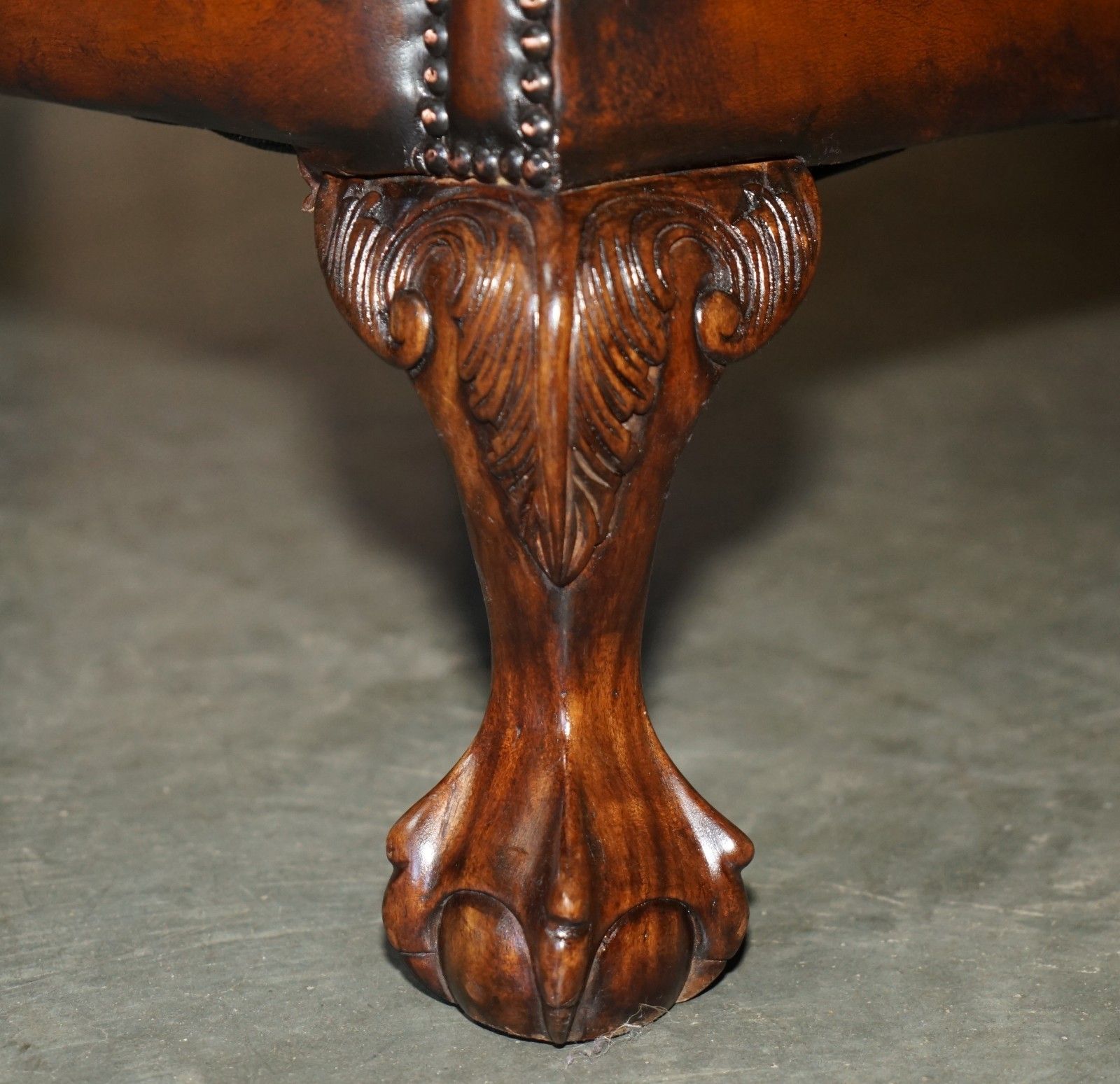 photo furniture Restored Claw & Ball Feet Chesterfield Tufted Brown Leather Wingback Armchair