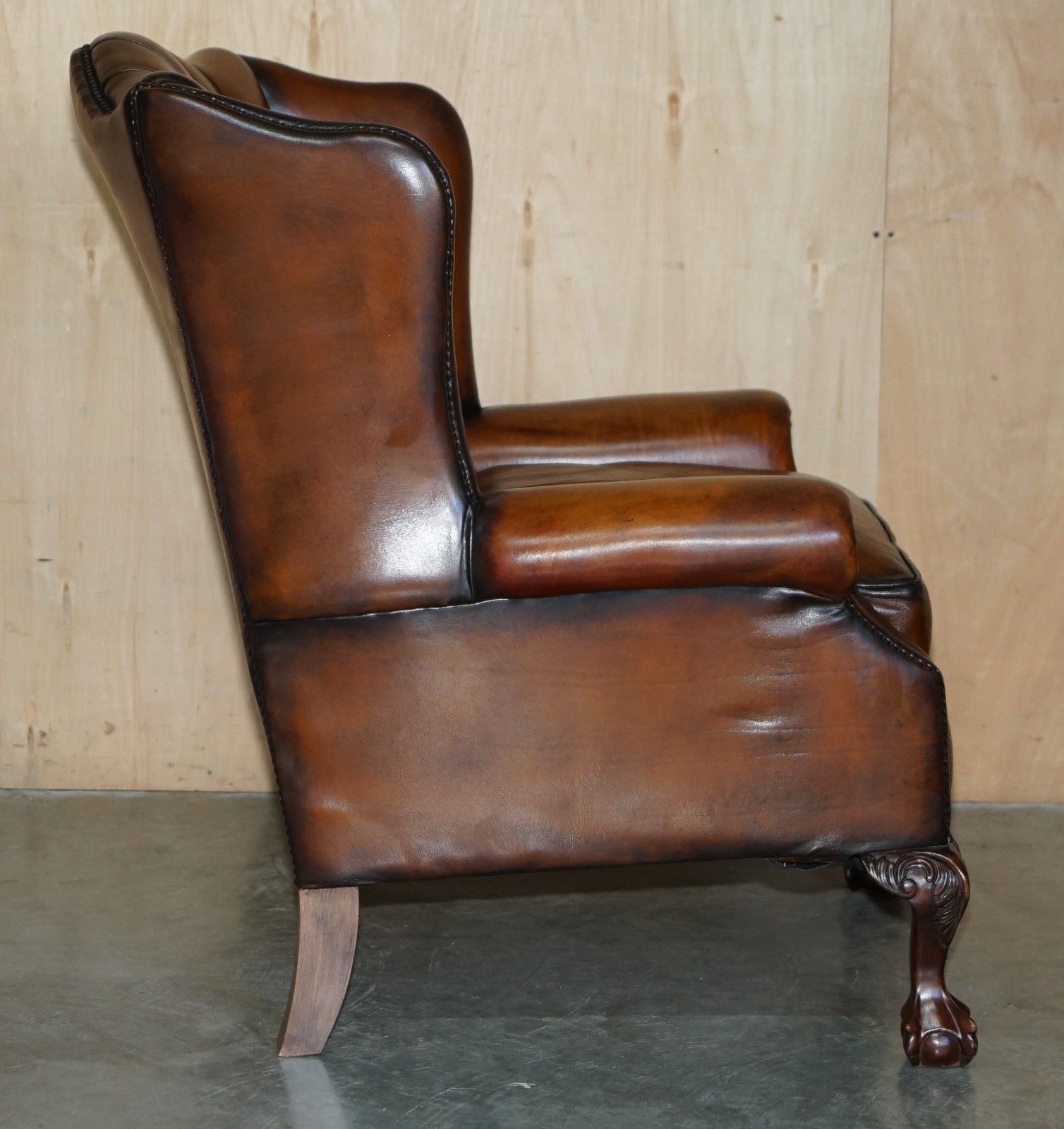 photo vinterior Restored Claw & Ball Feet Chesterfield Tufted Brown Leather Wingback Armchair