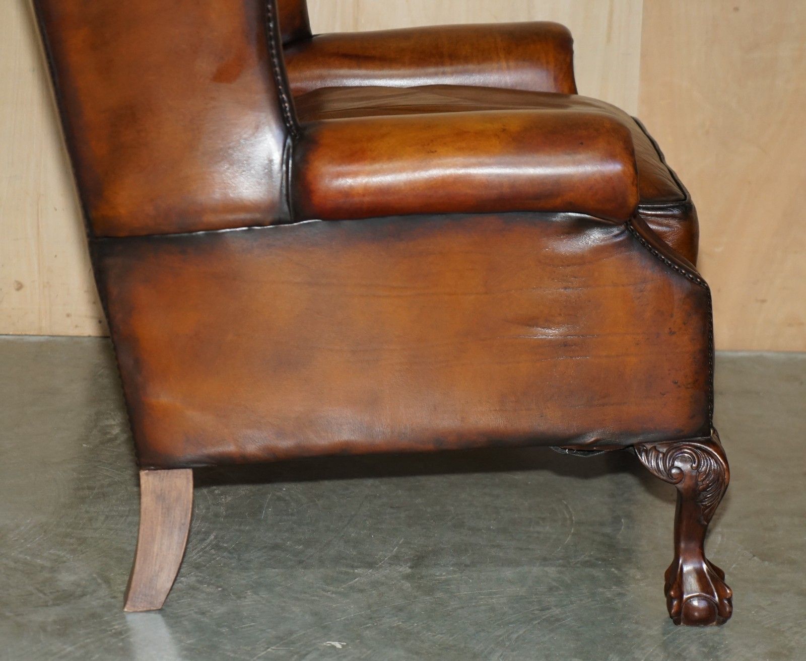 photo buy Restored Claw & Ball Feet Chesterfield Tufted Brown Leather Wingback Armchair