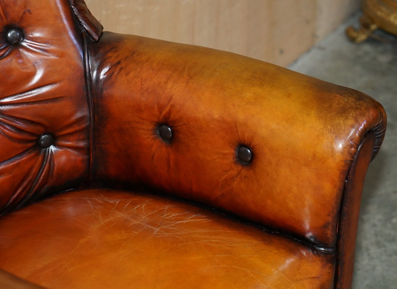 photo furniture Fully Restored Edwardian Chesterfield Hand Dyed Brown Leather Tub Club Armchair
