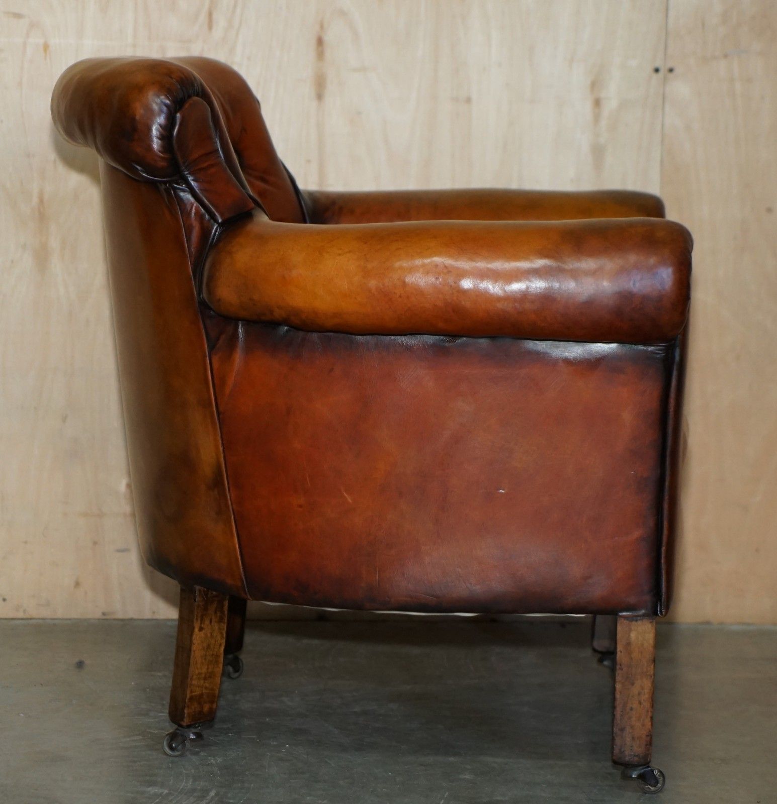 2850.0 Fully Restored Edwardian Chesterfield Hand Dyed Brown Leather Tub Club Armchair photo