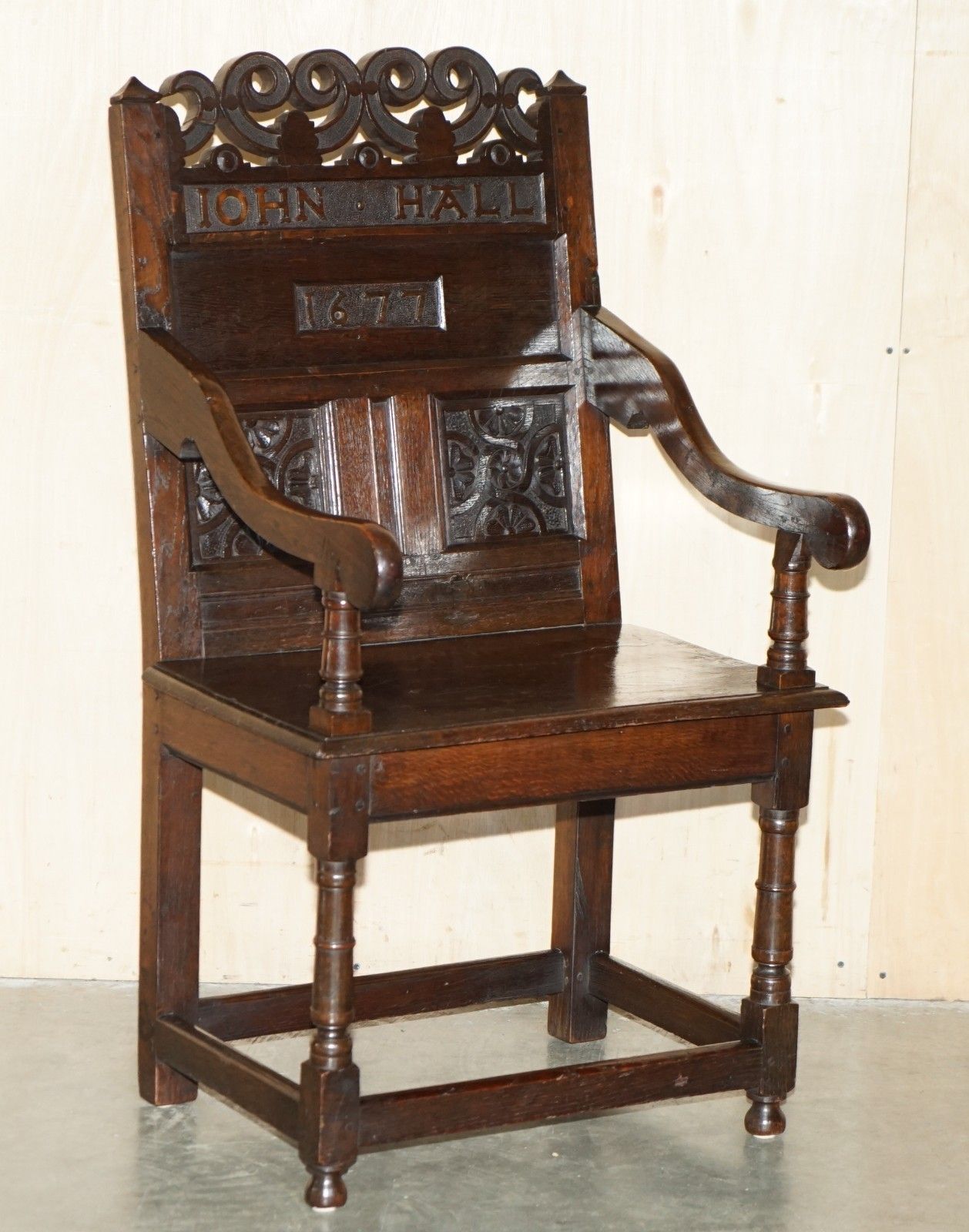 Antique Exceptionally Rare 1677 Dated John Hall Armchair Northern England Oak photo furniture
