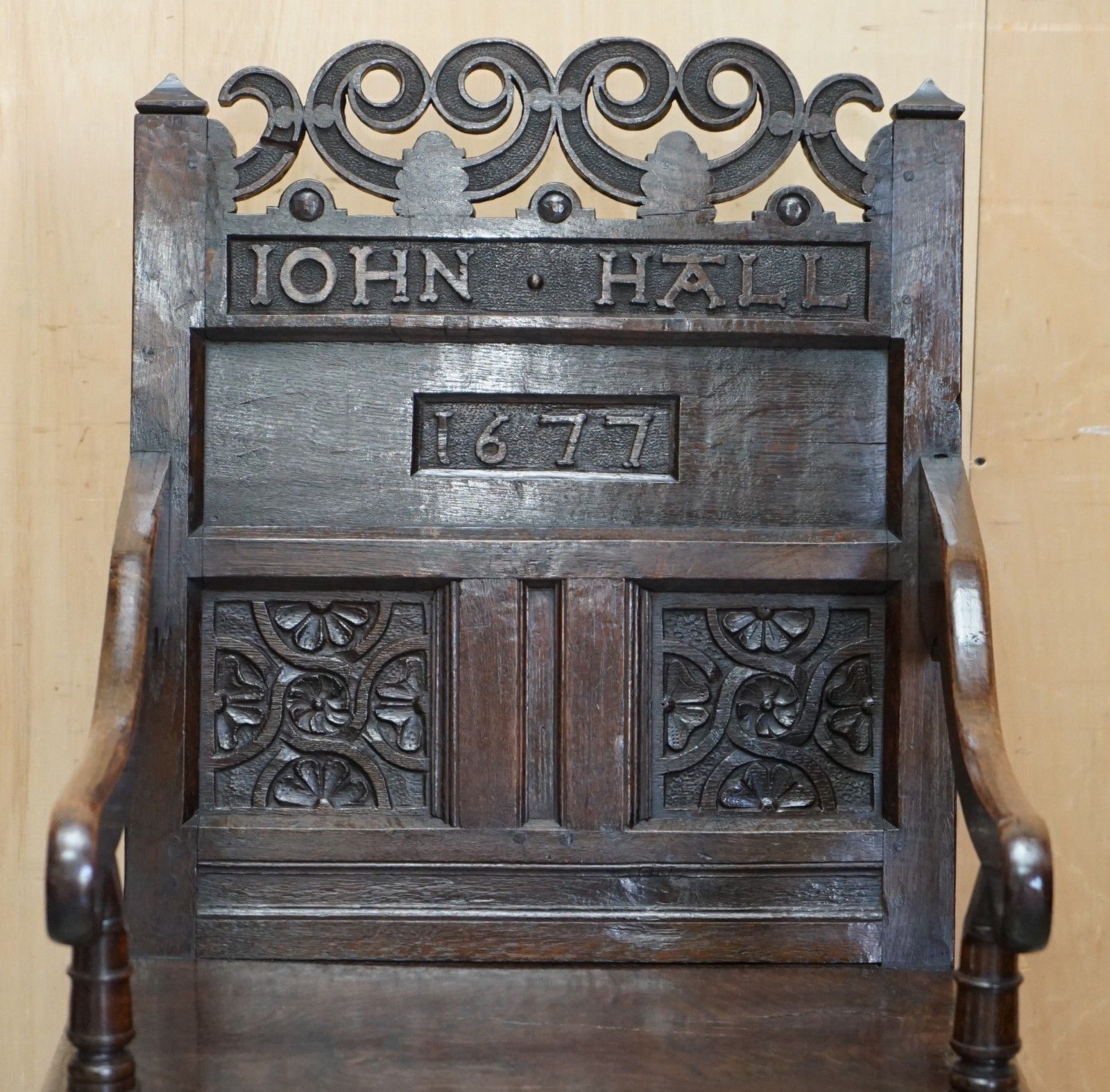 Antique Exceptionally Rare 1677 Dated John Hall Armchair Northern England Oak photo Furniture