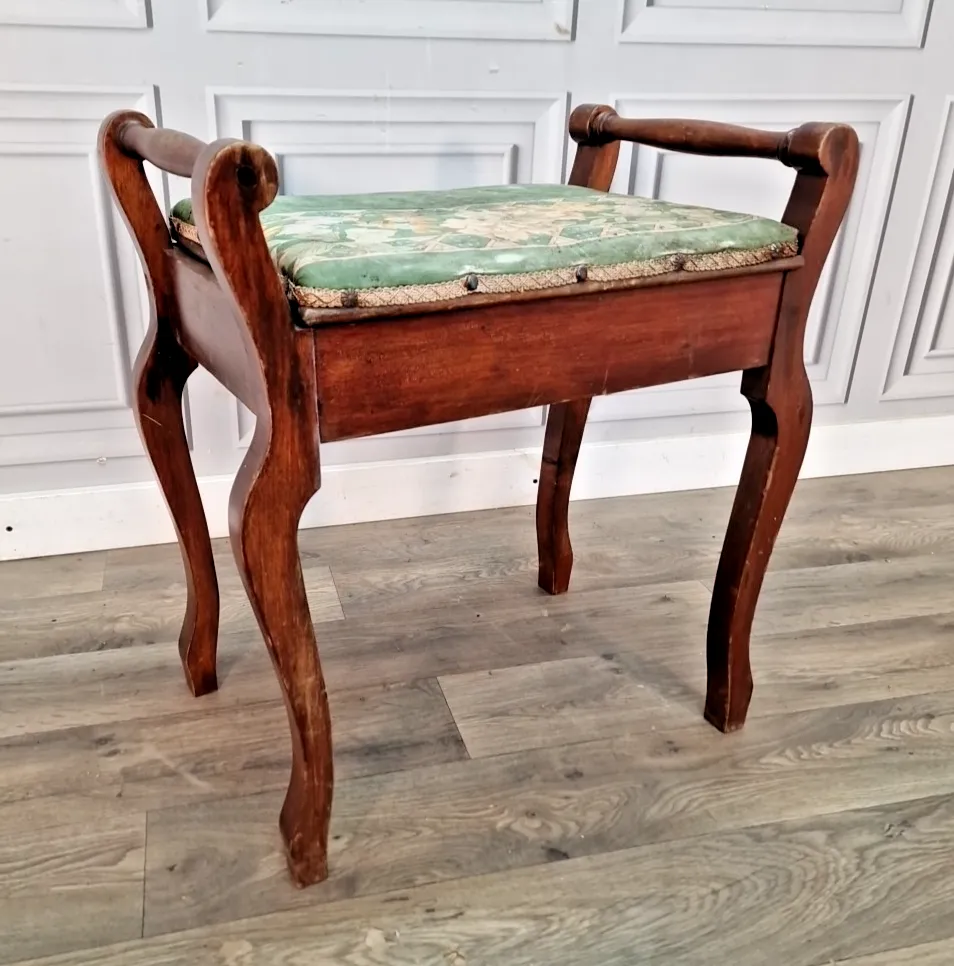 Antique Piano Stool Wooden Mahogany Upholstered Dressing Vanity Seat Storage