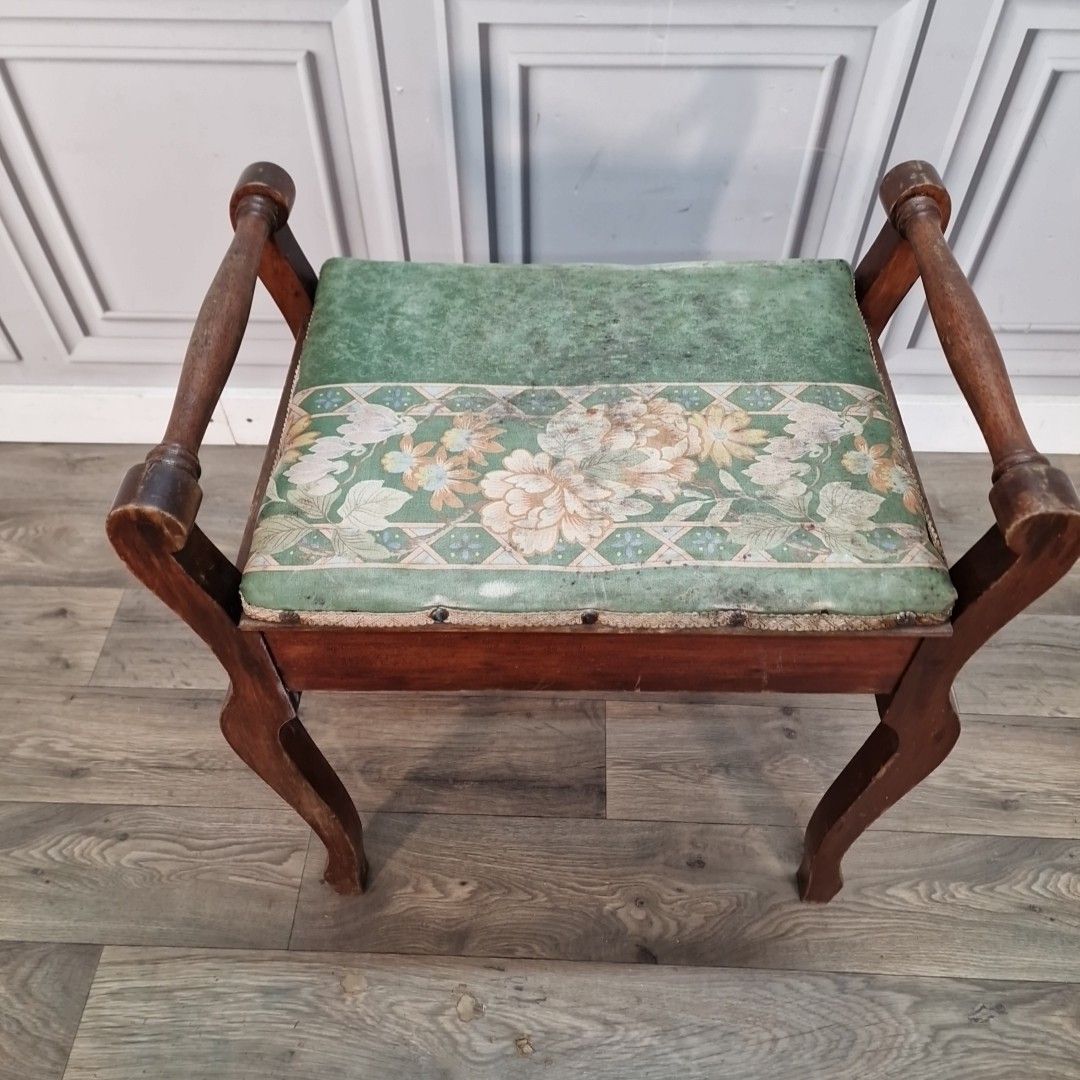 Antique Piano Stool Wooden Mahogany Upholstered Dressing Vanity Seat Storage photo Furniture