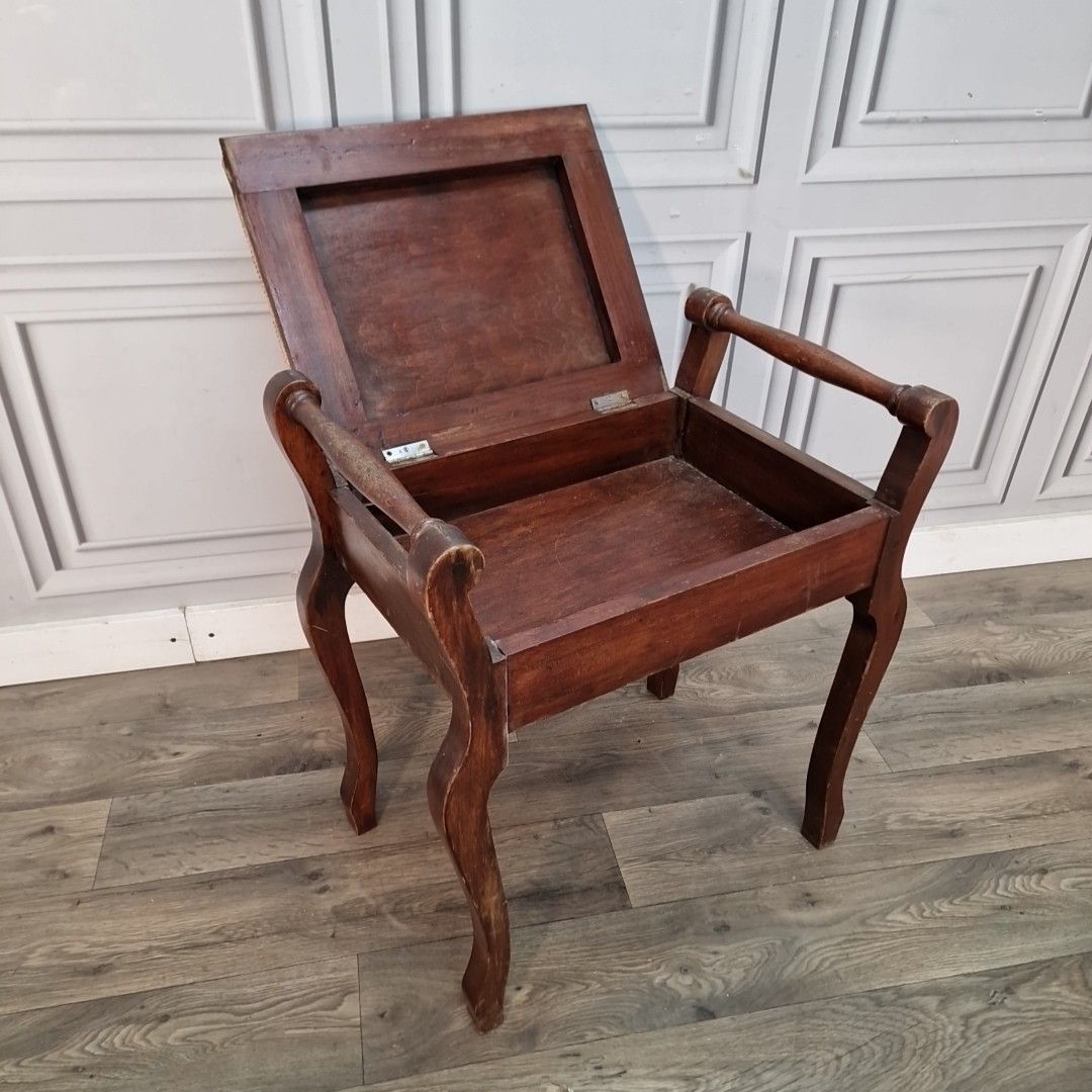 photo vinterior Antique Piano Stool Wooden Mahogany Upholstered Dressing Vanity Seat Storage
