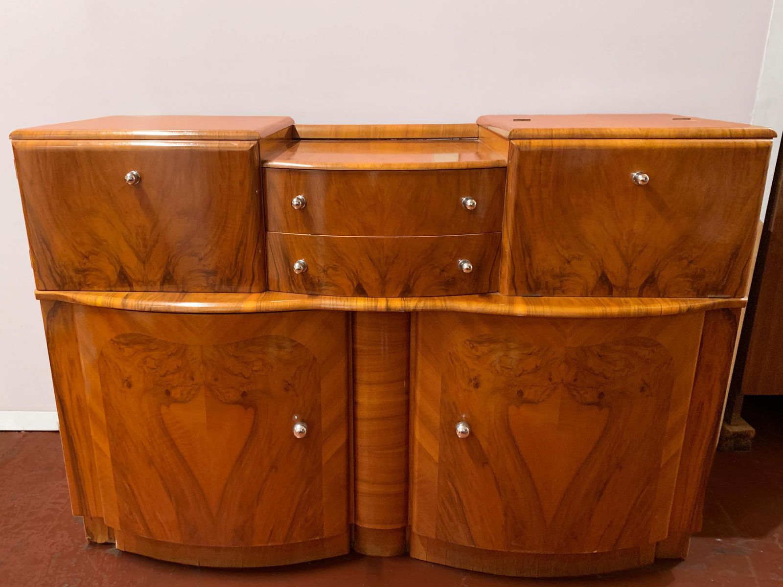 Art Deco Figured Wood Sideboard & Twin Mirror Cocktail Cabinet, Circa 1930's photo furniture