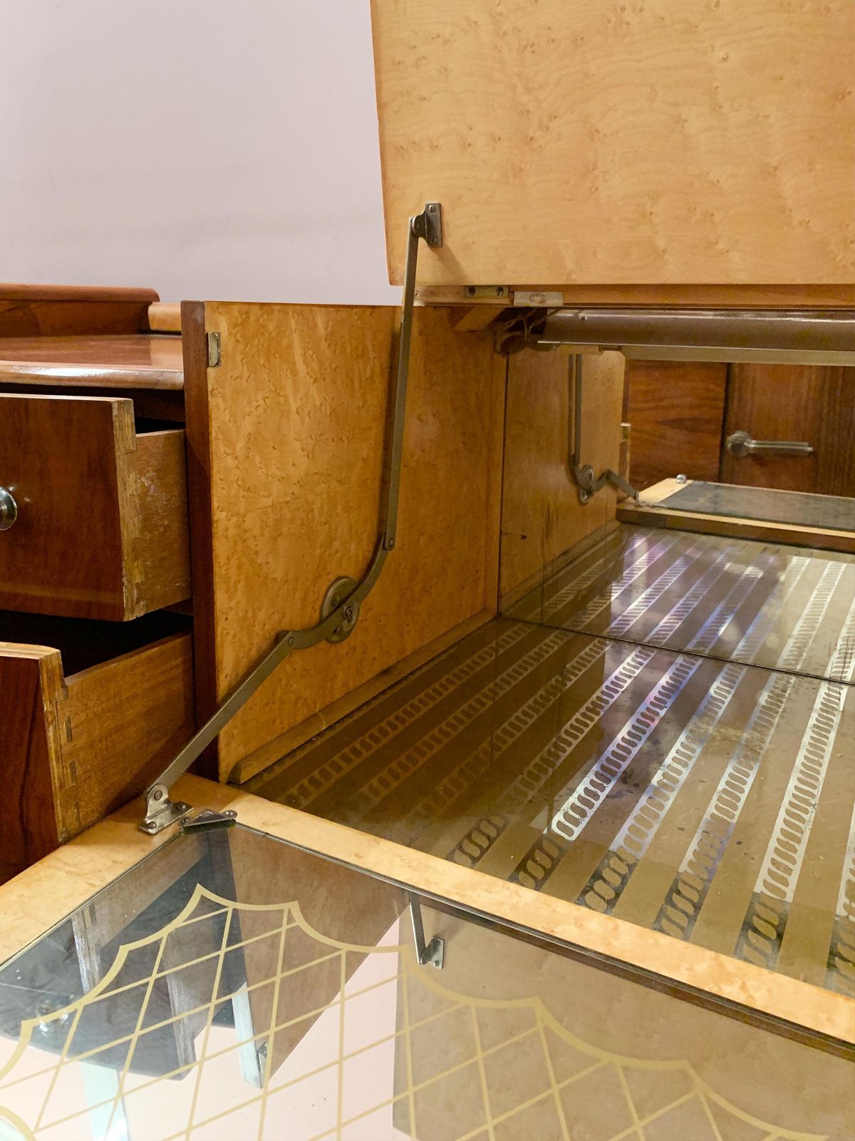 Art Deco Figured Wood Sideboard & Twin Mirror Cocktail Cabinet, Circa 1930's photo buy