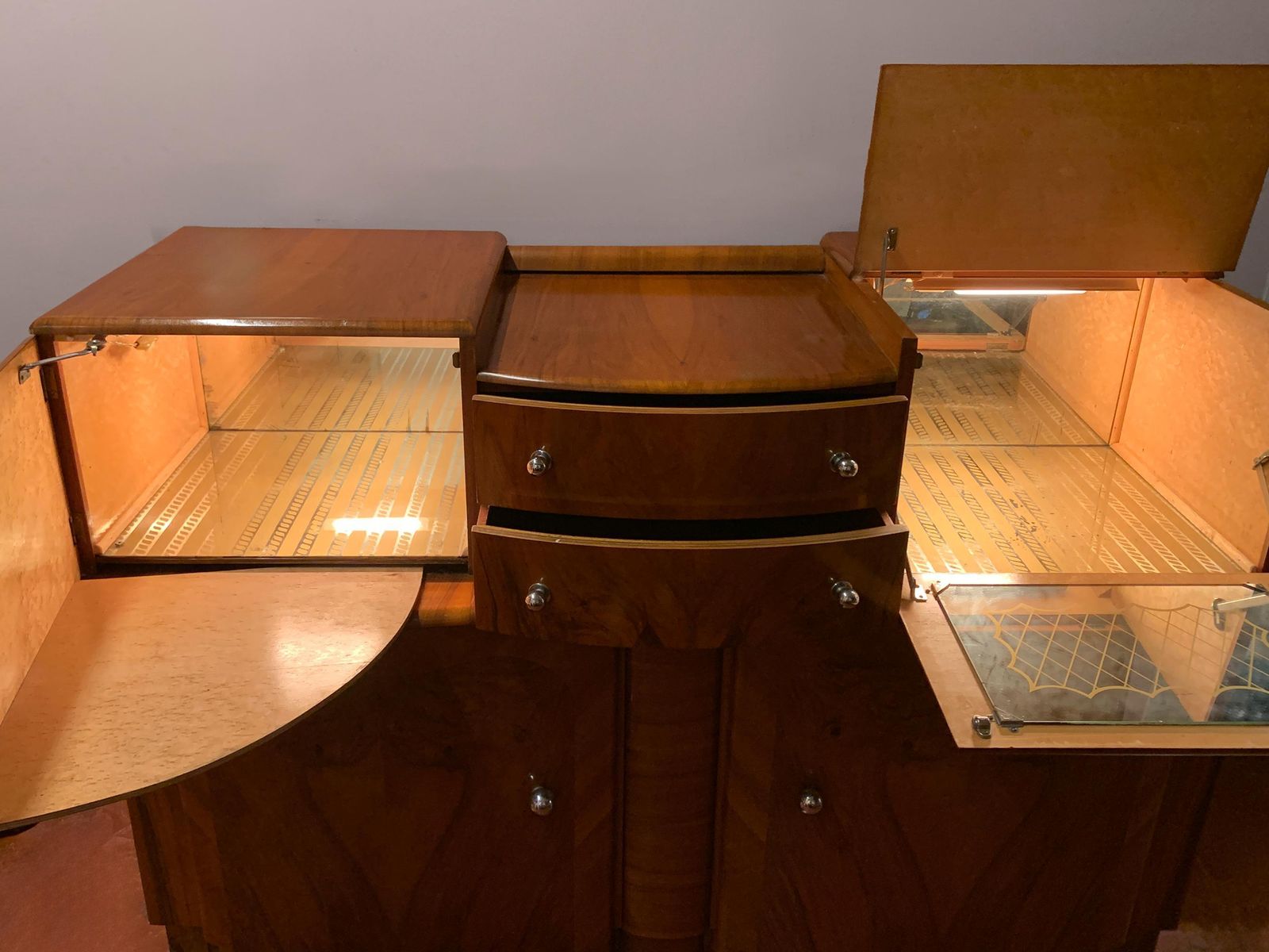 Furniture Art Deco Figured Wood Sideboard & Twin Mirror Cocktail Cabinet, Circa 1930's photo