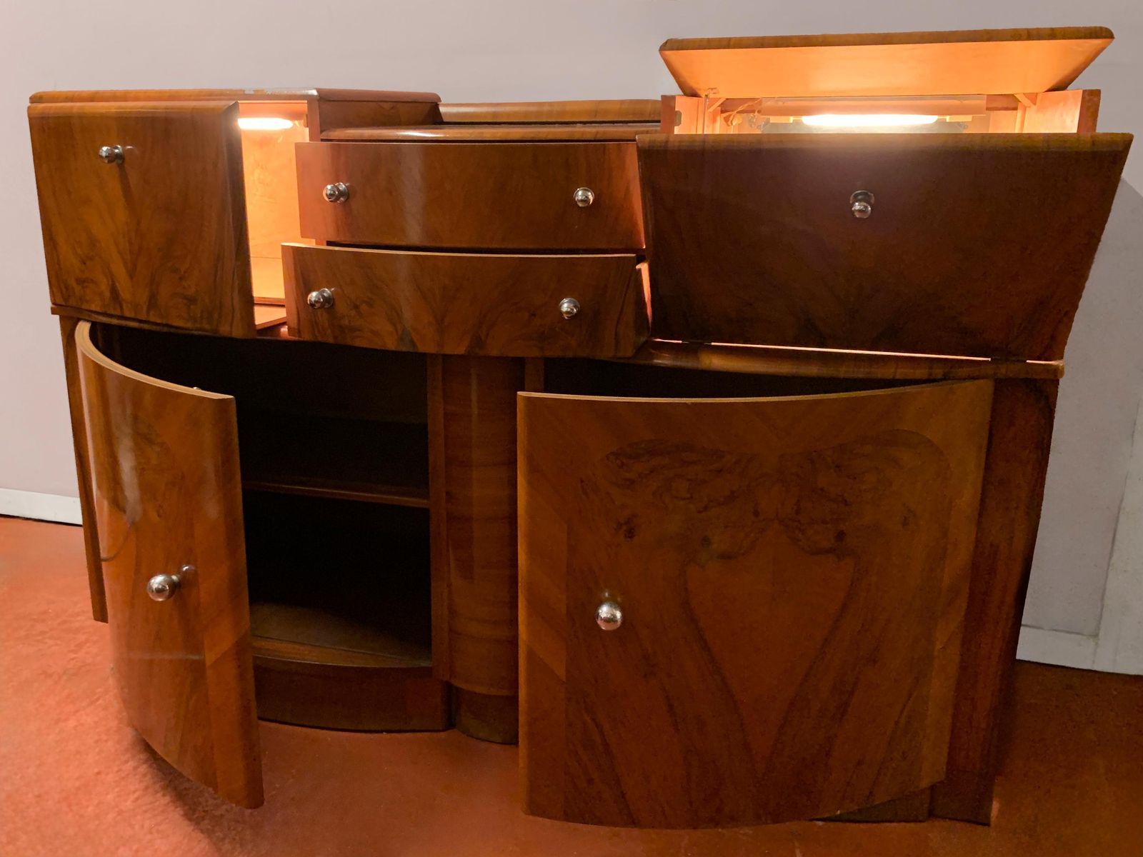 photo buy Art Deco Figured Wood Sideboard & Twin Mirror Cocktail Cabinet, Circa 1930's