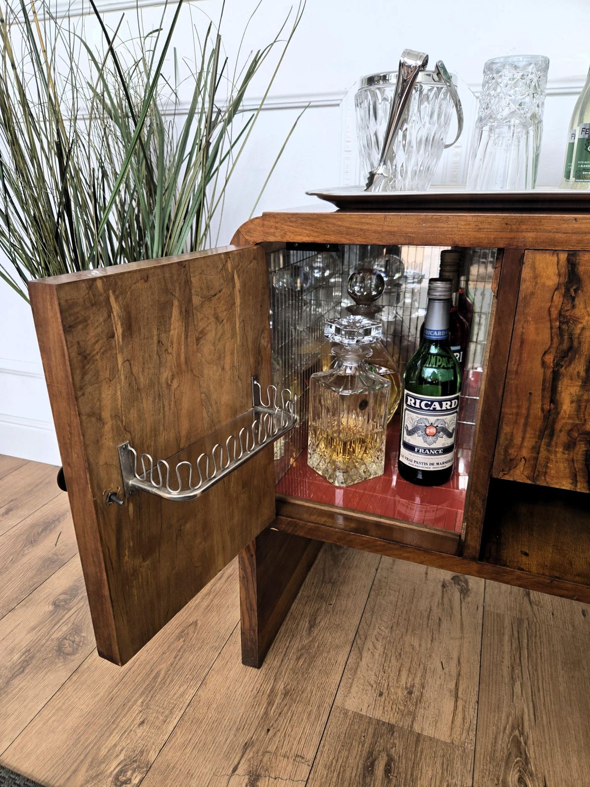 Italian 1940s Art Deco Midcentury Walnut Mirror Mosaic Dry Bar Cocktail Cabinet photo Furniture